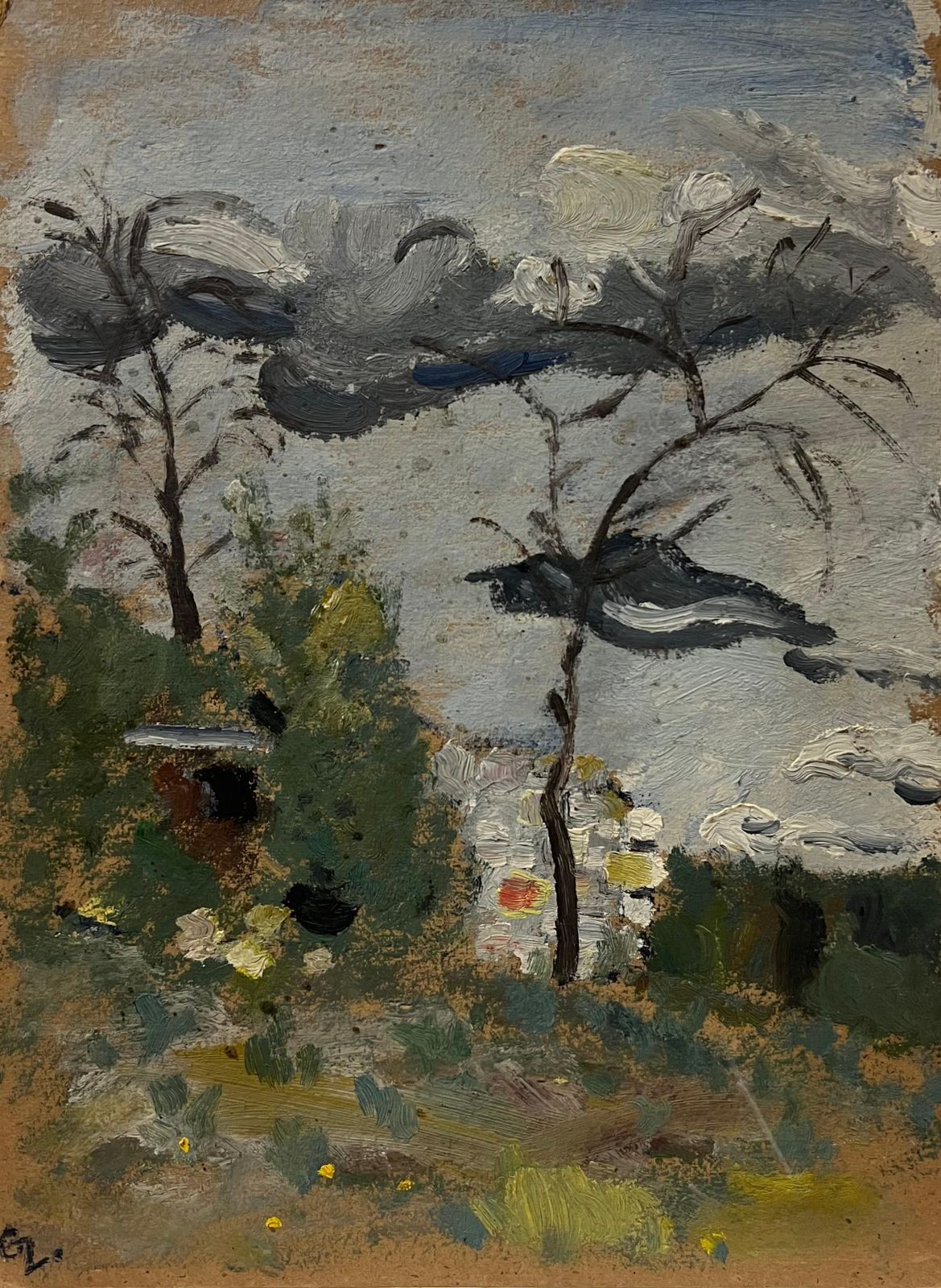 Genevieve Zondervan (1922 2013)mid 20th Century French Oil Painting Moody Landscape With Trees & Overcast Skyc. 1960's photo Art
