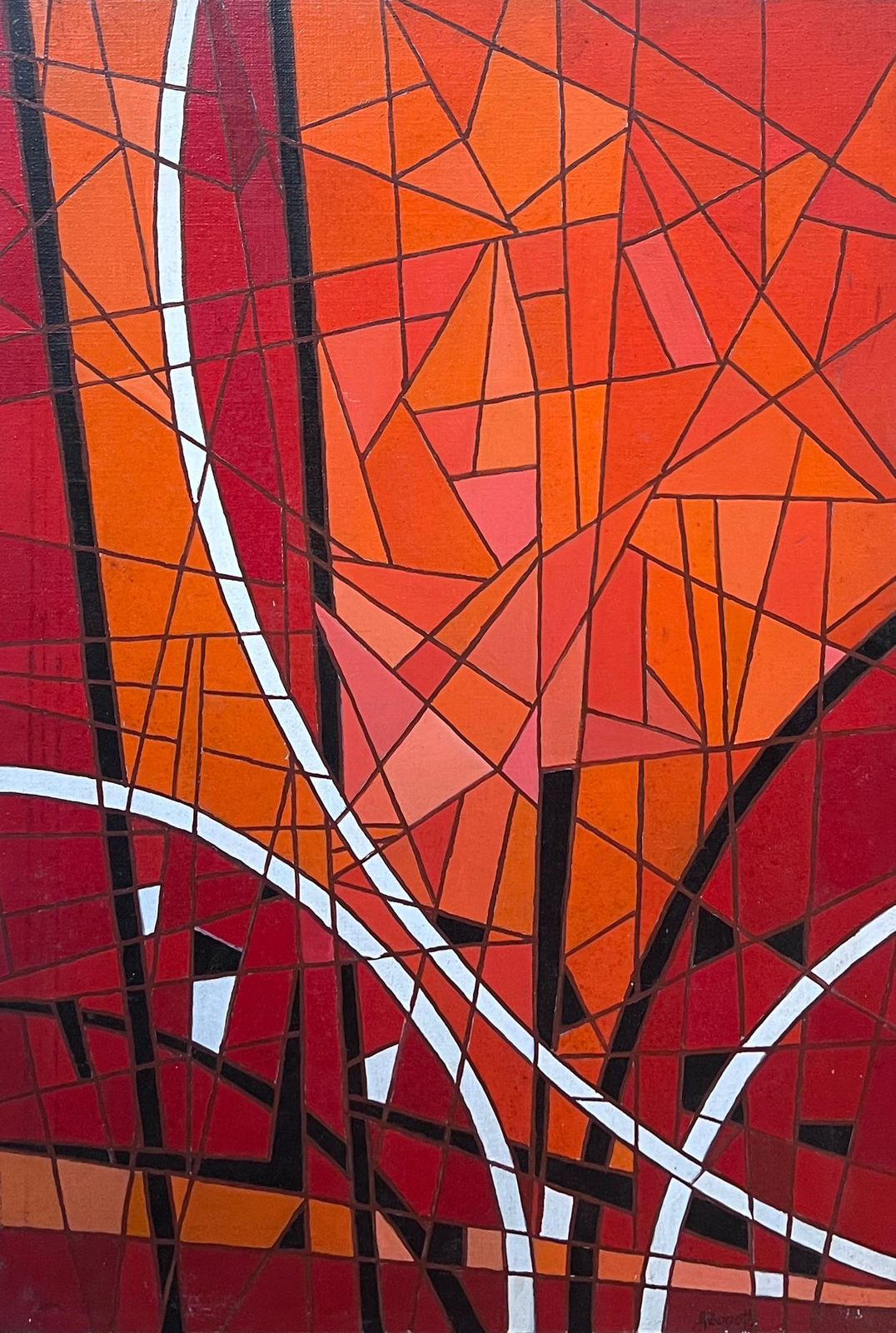 French Schoollarge Mosaic Style Abstract French Oil Painting C.1980's Bright Colors