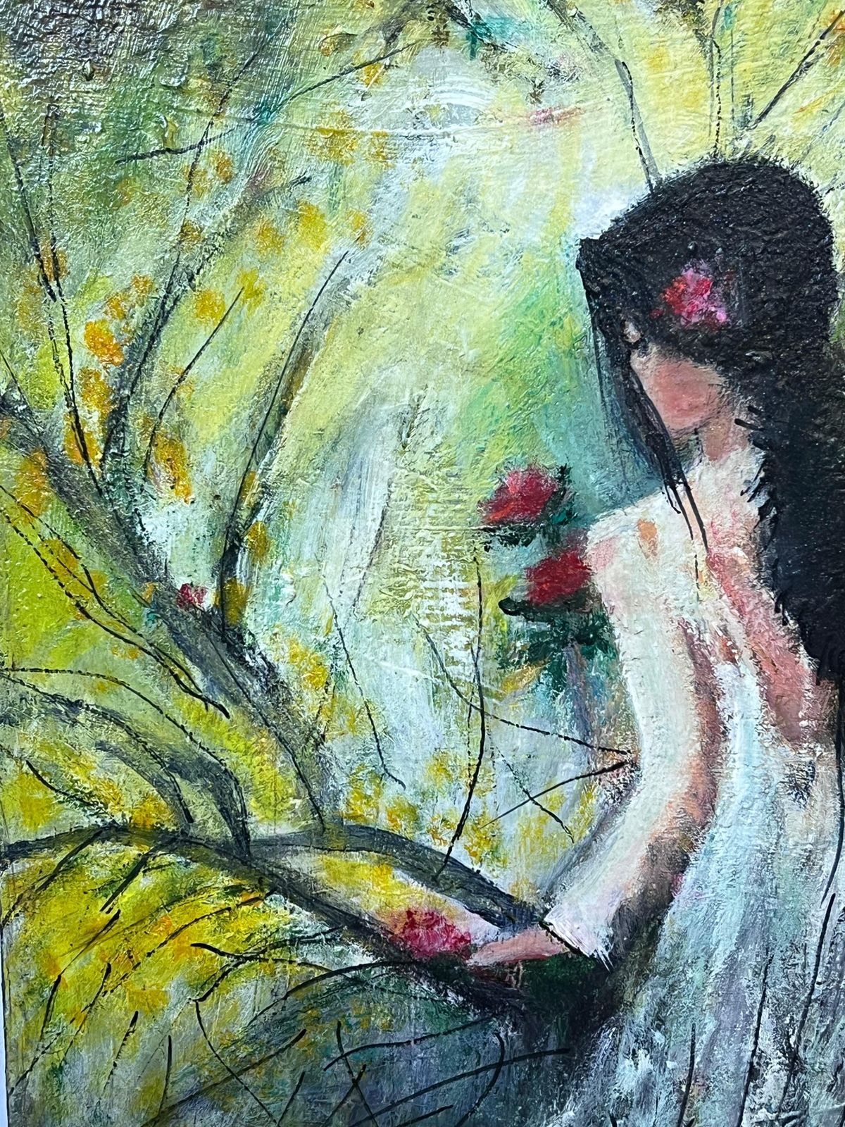 French Schoollarge 20th Century French Signed Oil Painting Young Girl Picking Flowers Garden photo Art