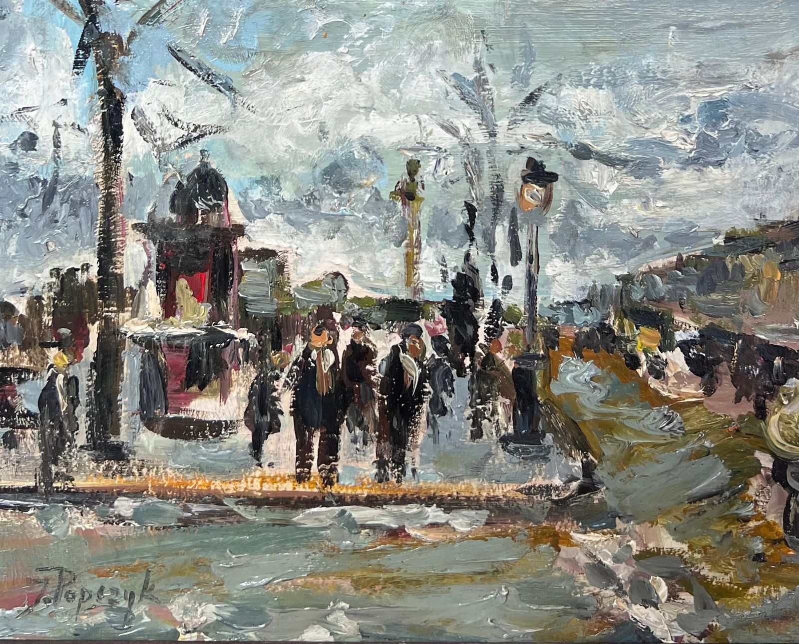 Josef Popczykpolish/ French Mid 20th Century Signed Oi Figures In Paris Busy Street Scene photo Art
