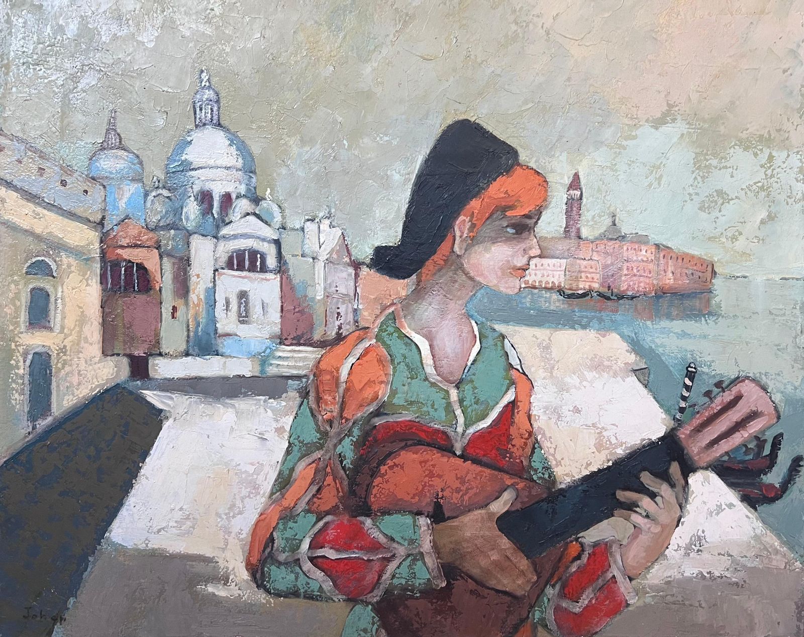 French School1970's French Modernist Signed Oil Musician Grand Canal Venice