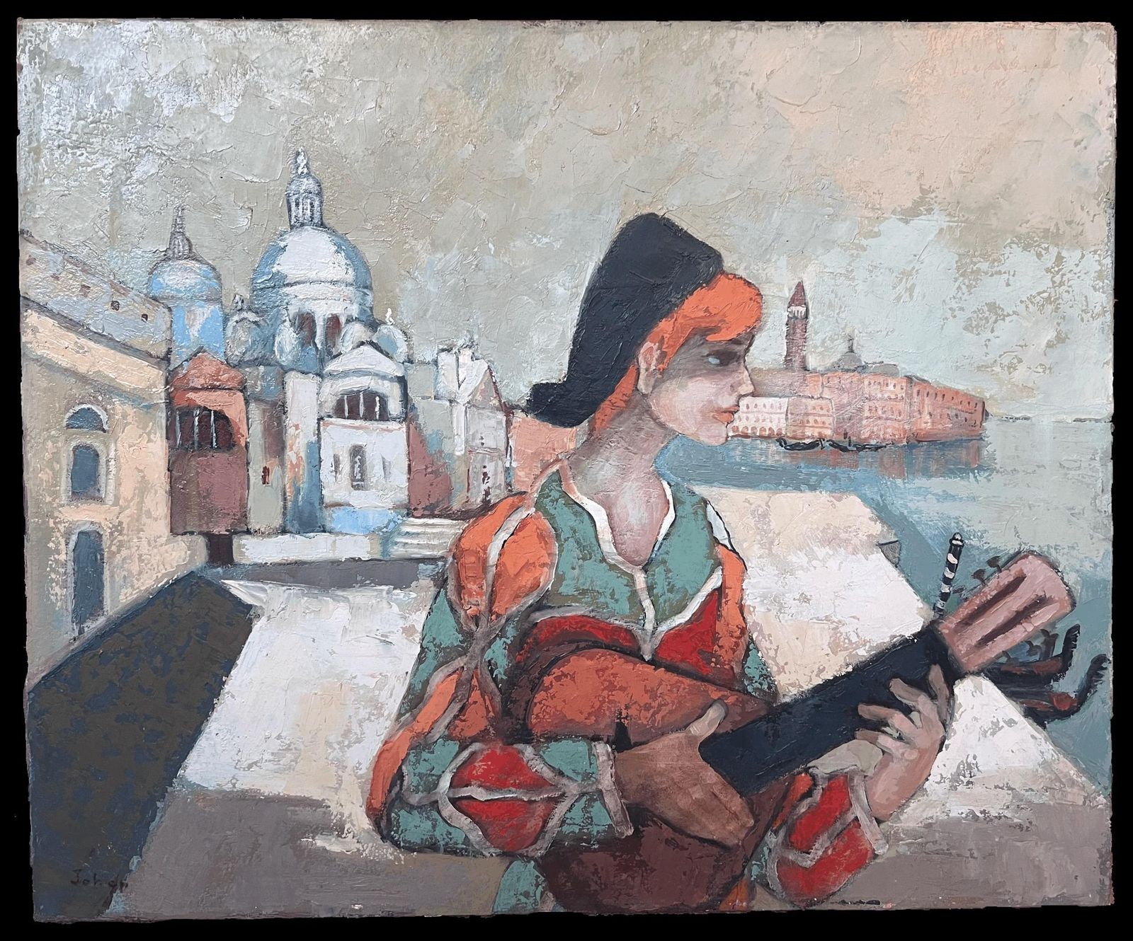 French School1970's French Modernist Signed Oil Musician Grand Canal Venice photo furniture