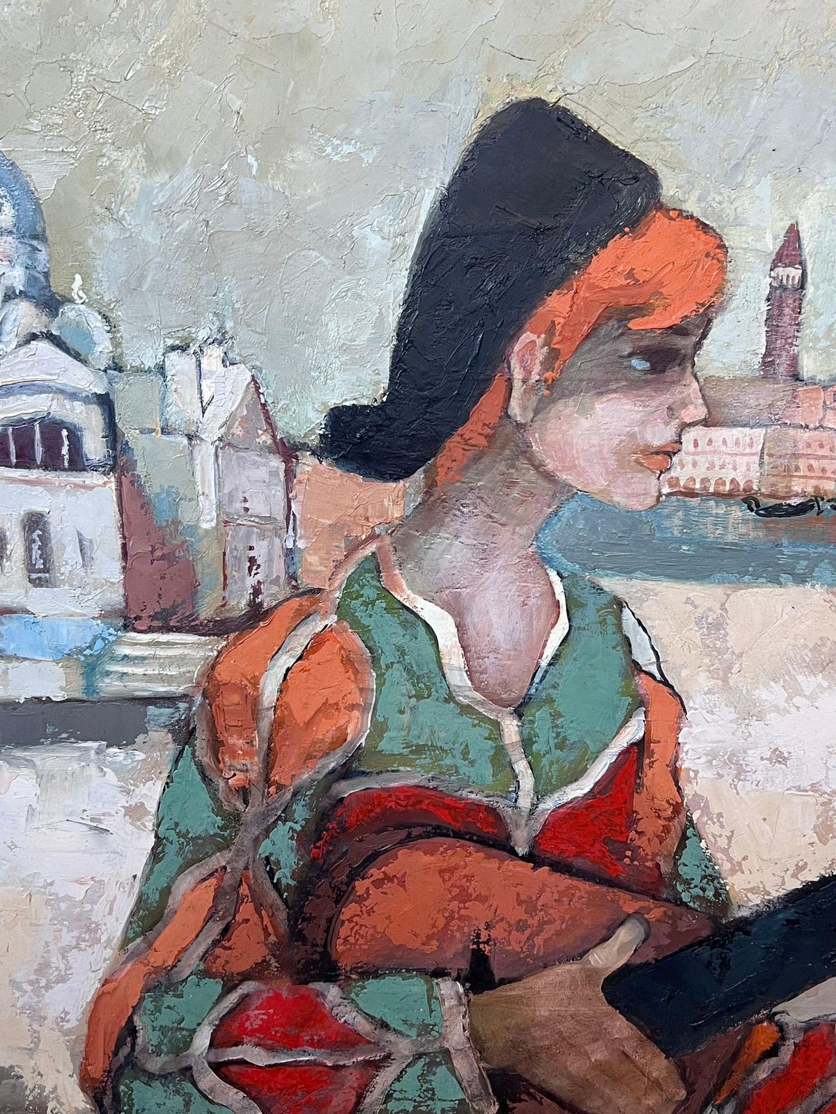 French School1970's French Modernist Signed Oil Musician Grand Canal Venice photo Art