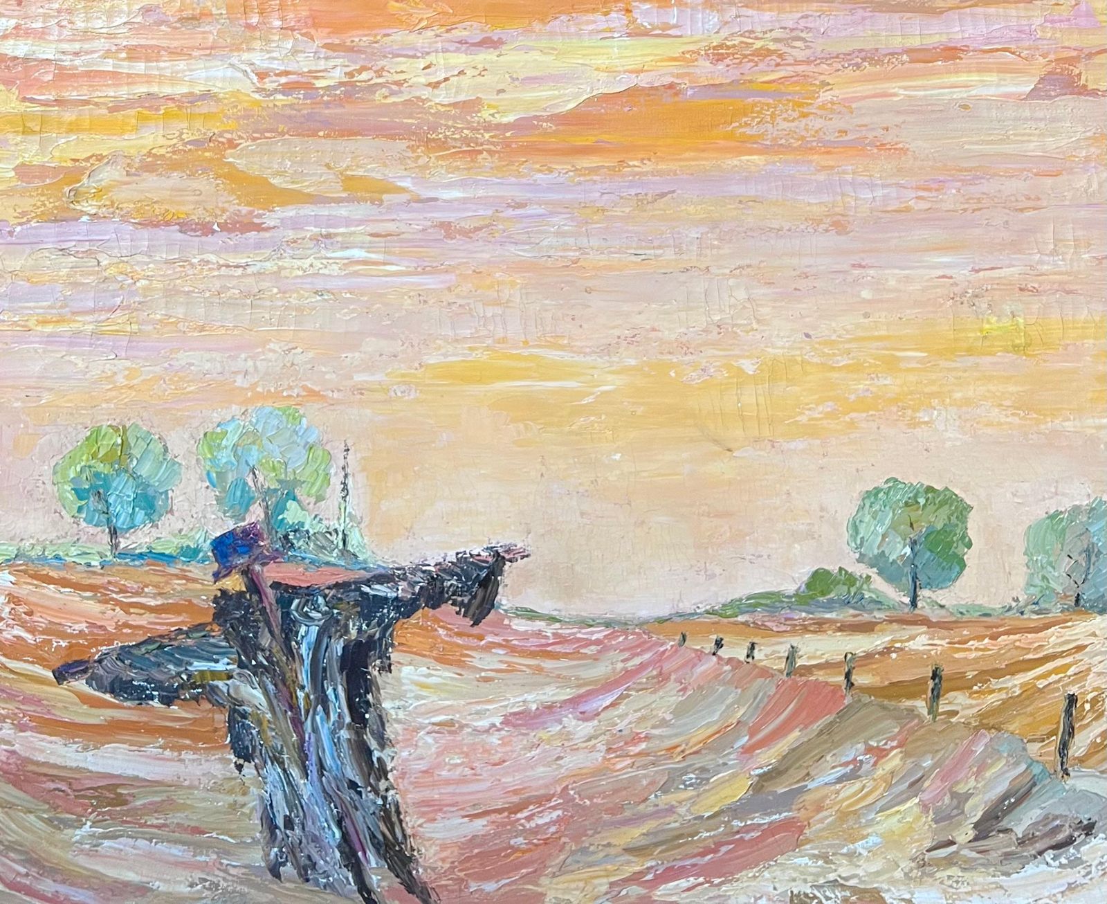 French Schoollarge 1970's French Expressionist Oil Painting Scarecrow In Sunset Golden Field