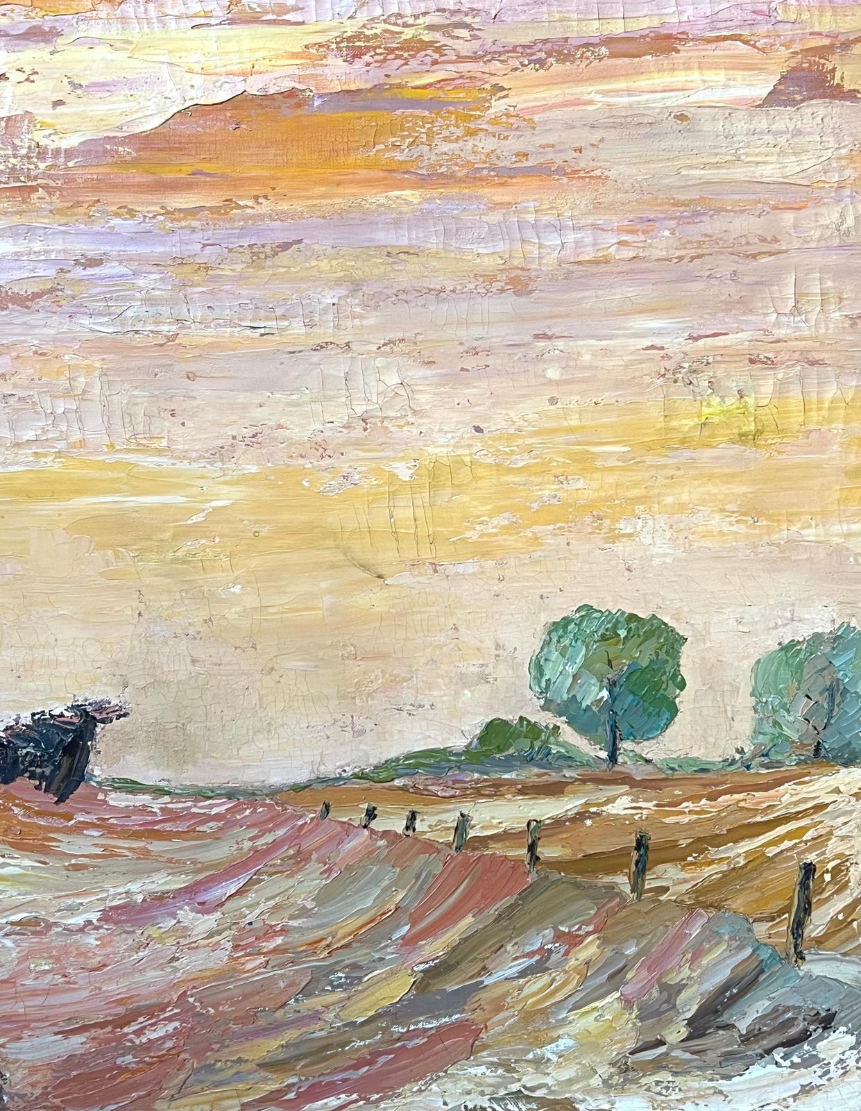 French Schoollarge 1970's French Expressionist Oil Painting Scarecrow In Sunset Golden Field photo 692.0