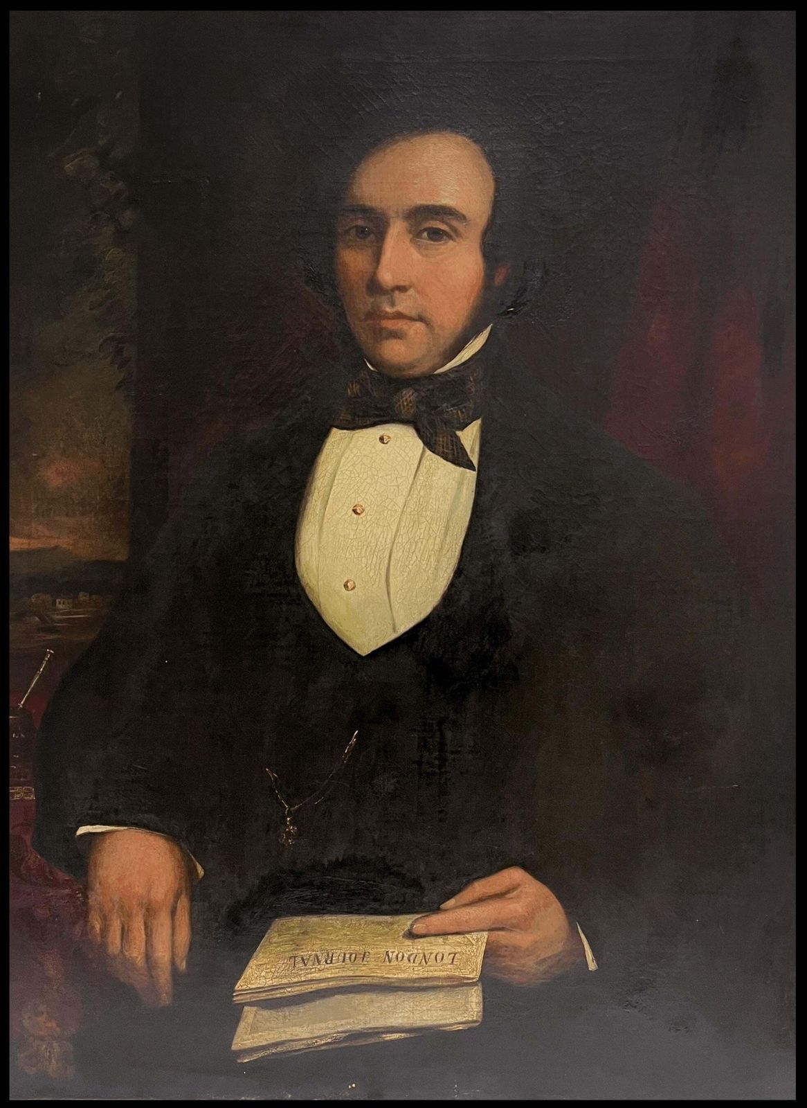 19th Century English Schoollarge Mid Victorian Oil Painting Portrait Of Seated Gentleman With Newspaper photo for sale