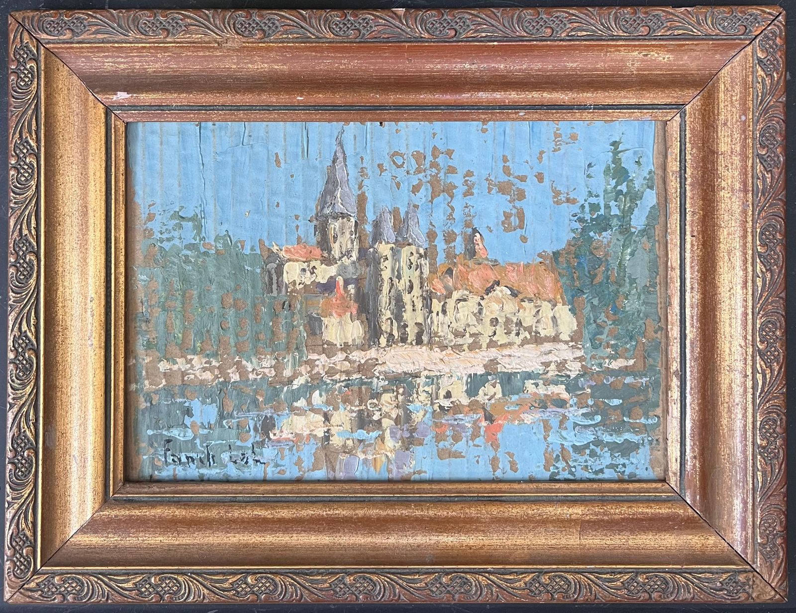 Fanch Lelriver Building Water Reflection French Oil Landscape Painting