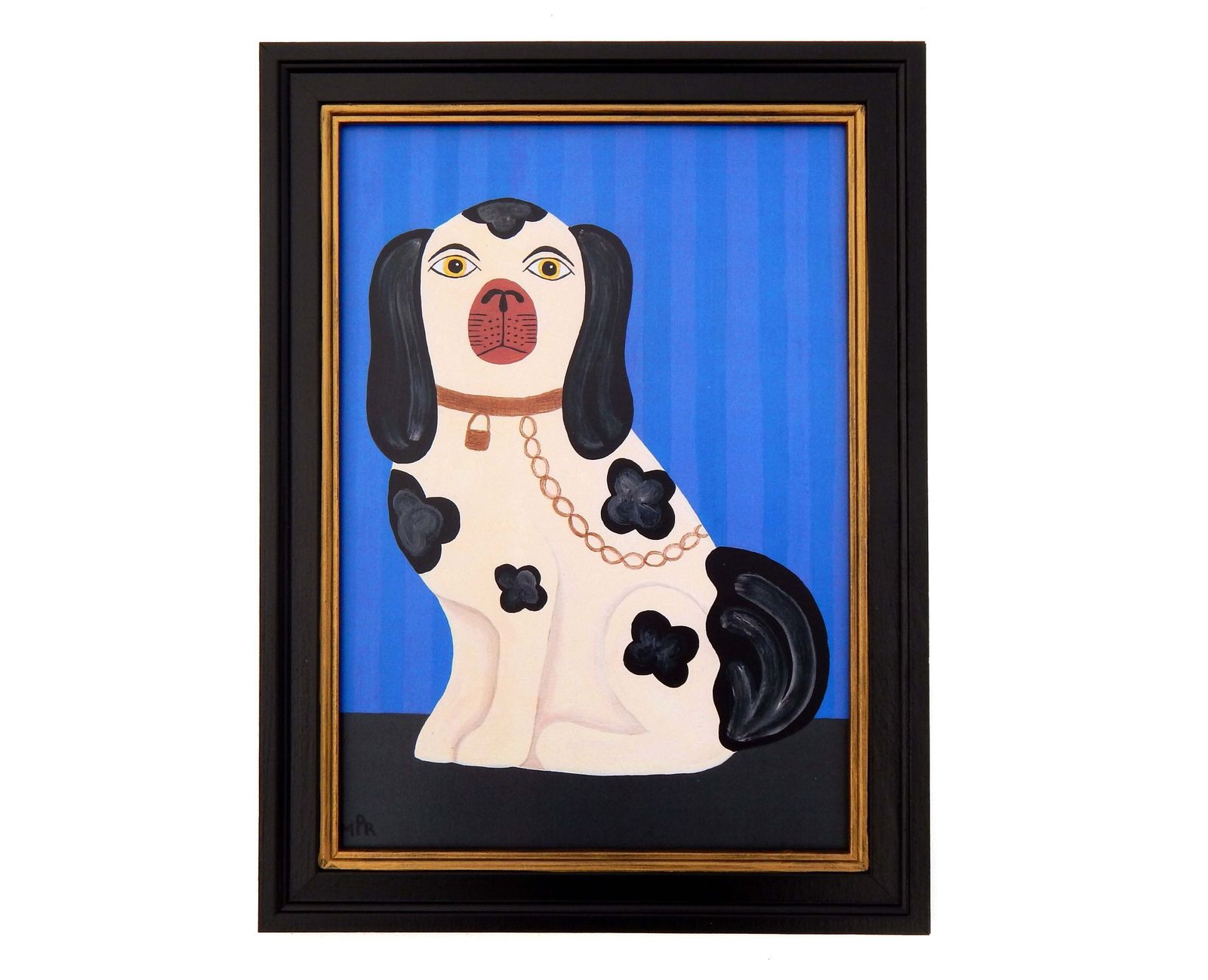 Naive Staffordshire Dog Fine Art Print, Folk Art – Left Facing Spaniel On Mantle By Matt Rix In Hand Painted Frame, Signed photo furniture