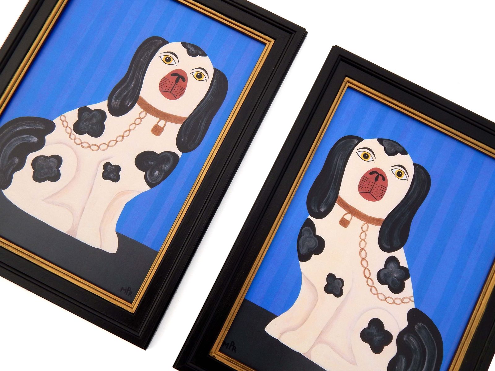 Art Naive Staffordshire Dog  Fine Art Print, Folk Art – Right Facing Spaniel On Mantle By Matt Rix In Hand Painted Frame, Signed photo