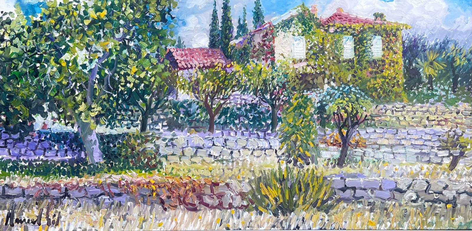 French Schoolhuge French Signed Oil Painting Provencal House In Floral Garden Large Canvas photo furniture
