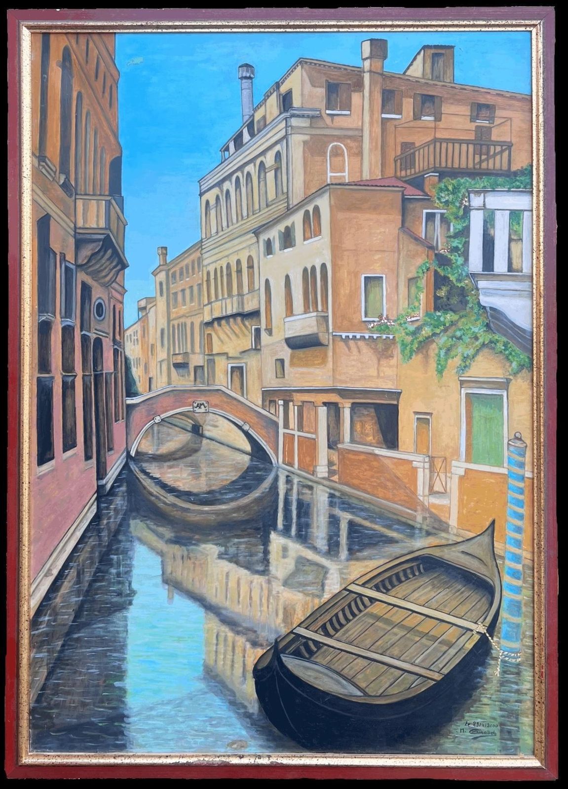 Italian Schoolhuge Signed Oil Painting Tranquil Italian Canal Venice Backwater Old Houses2000