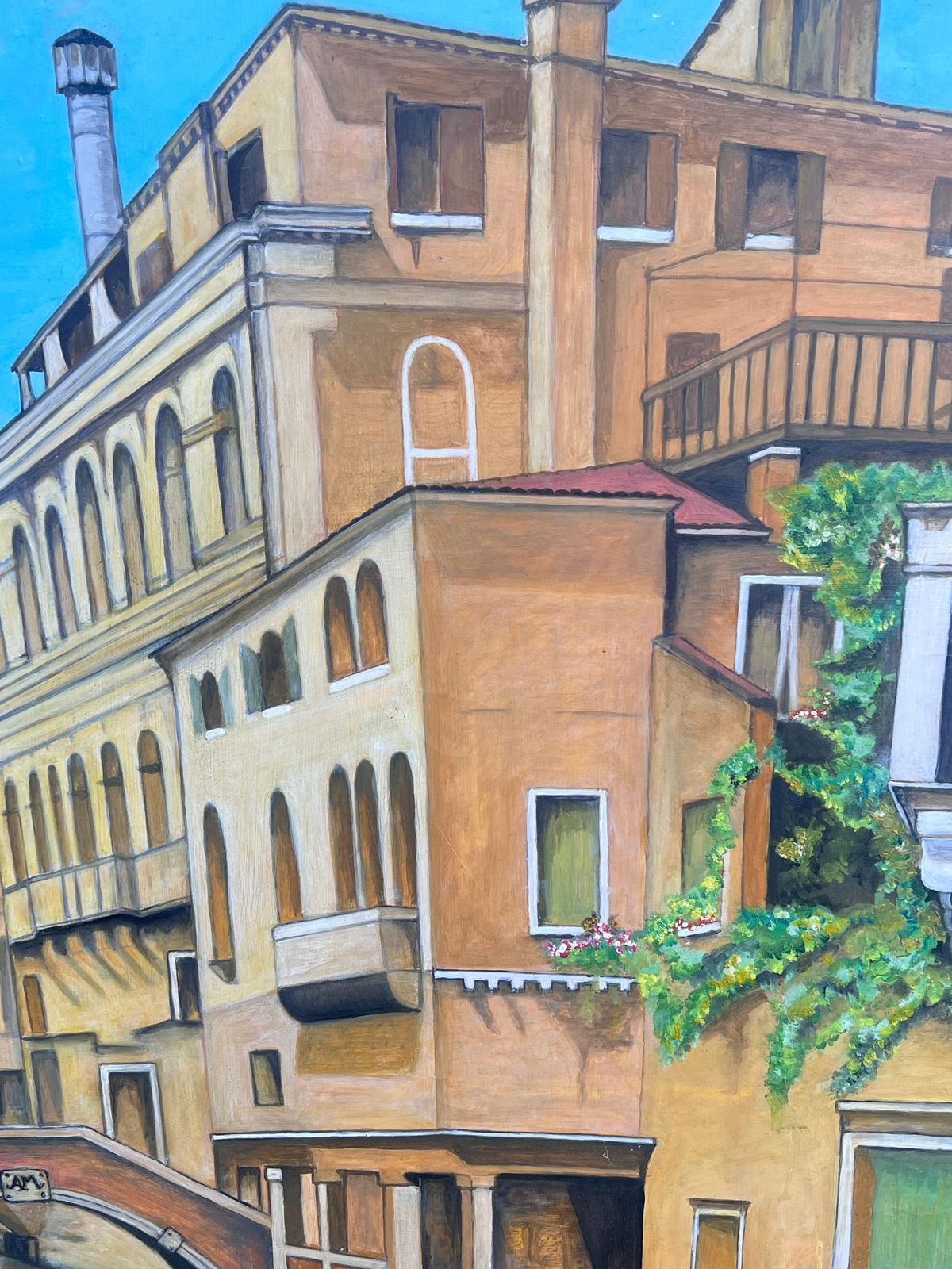 Italian Schoolhuge Signed Oil Painting Tranquil Italian Canal Venice Backwater Old Houses2000 photo for sale