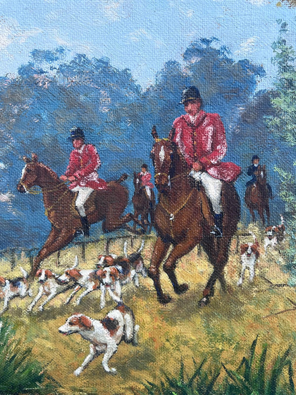 photo vintage French Schoolhuge French Hunting Scene Horse & Hounds Chasing Stag Through River Signed Oil