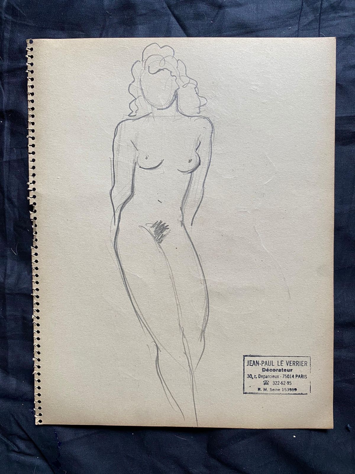 Jean Paul Le Verriermid 20th Century French Original Line Drawing Sketch Nude Female  Stamped photo furniture