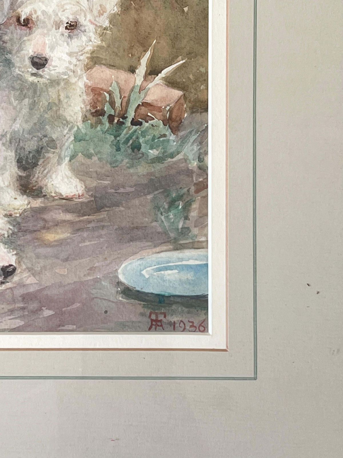 1930's English Artist1930's English Dog Painting Wire Fox Terrier Puppies Waiting To Be Fed Signed1936 photo for sale