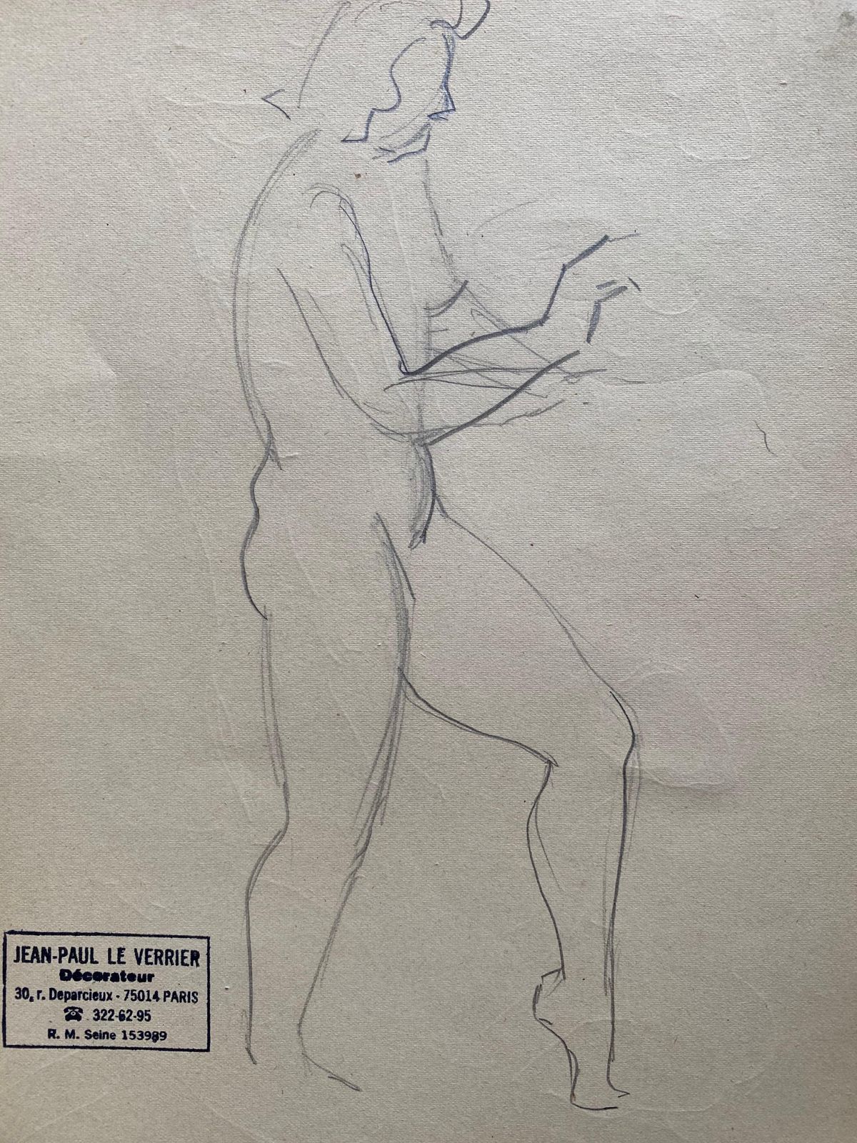 Jean Paul Le Verriermid 20th Century French Original Line Drawing Sketch Nude Female  Stamped
