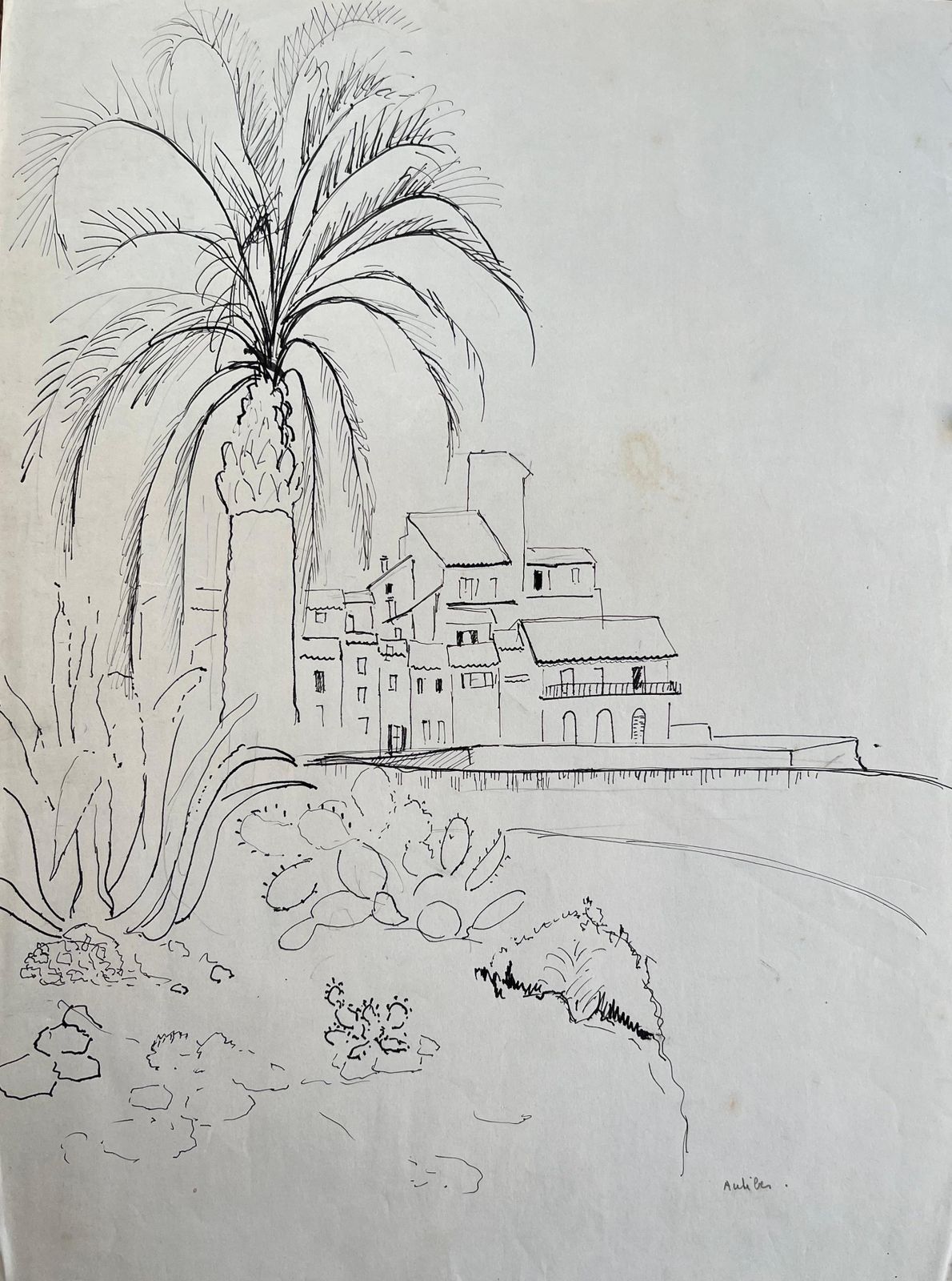 Anne Marie Migette Perardmid 20th Century Post Impressionist Drawing Of Antibes With Palm Tree And Cacti