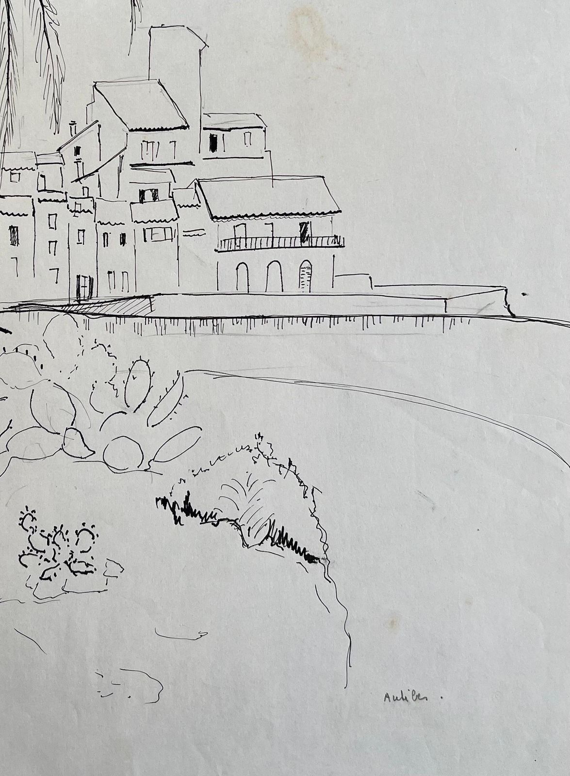 Anne Marie Migette Perardmid 20th Century Post Impressionist Drawing Of Antibes With Palm Tree And Cacti photo 495.0