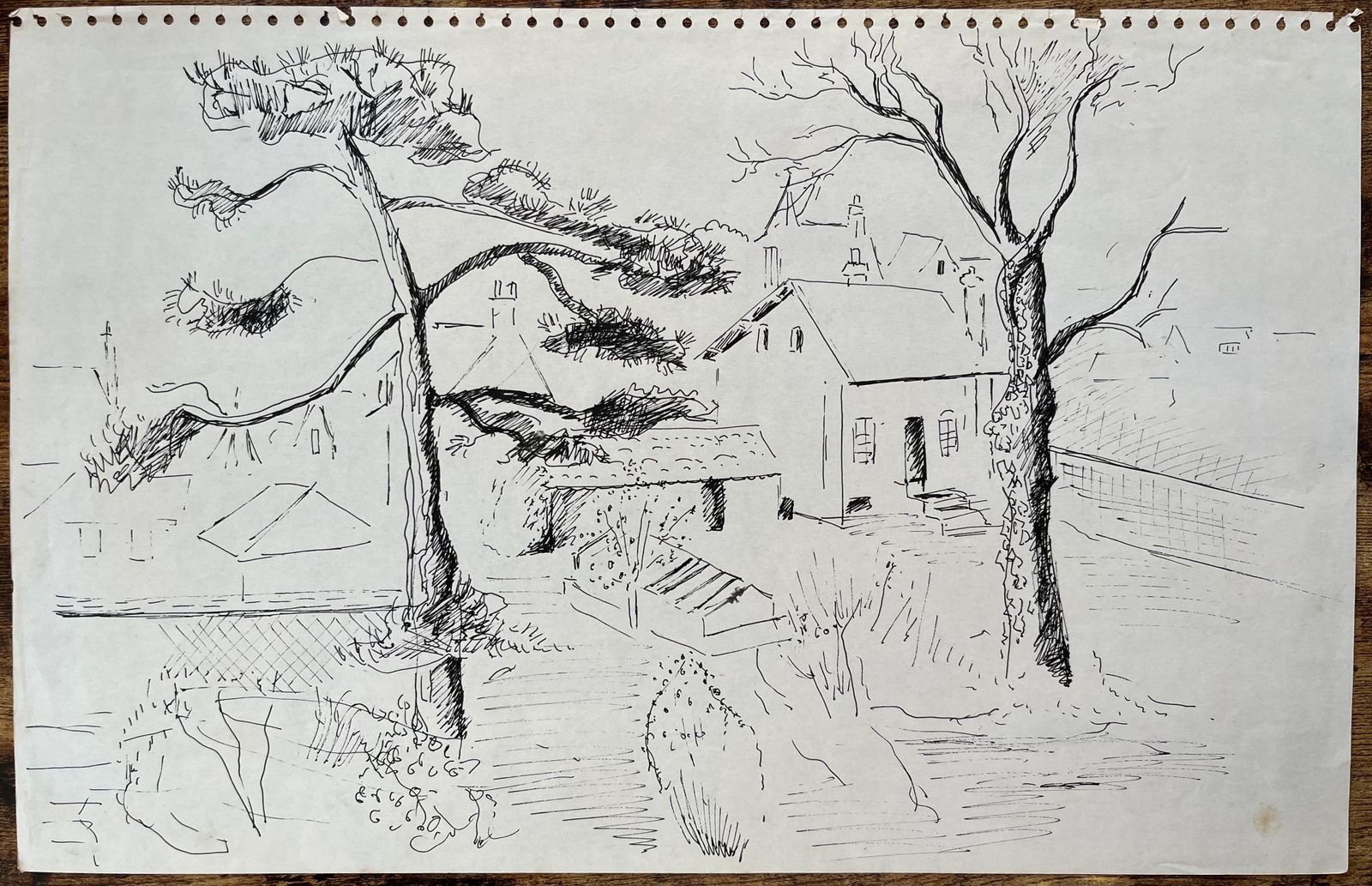 Anne Marie Migette Perardmid 20th Century Post Impressionist Ink Drawing Of Garden And Village Houses photo furniture
