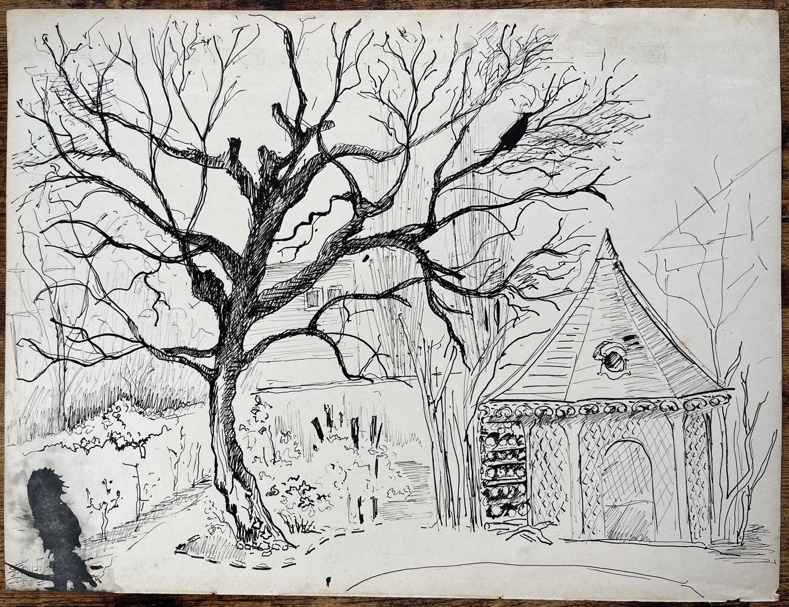 Anne Marie Migette Perardmid 20th Century Post Impressionist Ink Drawing Of Tree And Garden Pavilion photo furniture