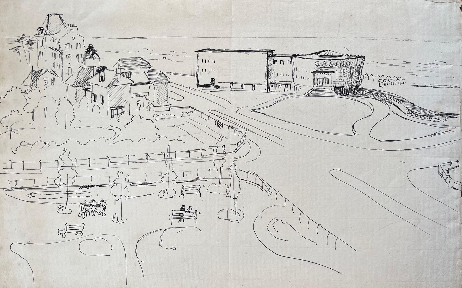 Anne Marie Migette Perardmid 20th Century Post Impressionist Ink Drawing Of French Seafront And Casino