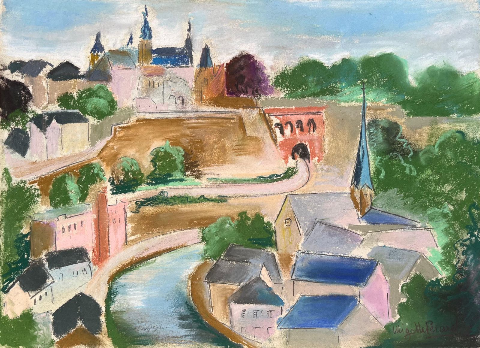 Anne Marie Migette Perardmid 20th Century Pastel Of Luxembourg City With Fortification Wall And River
