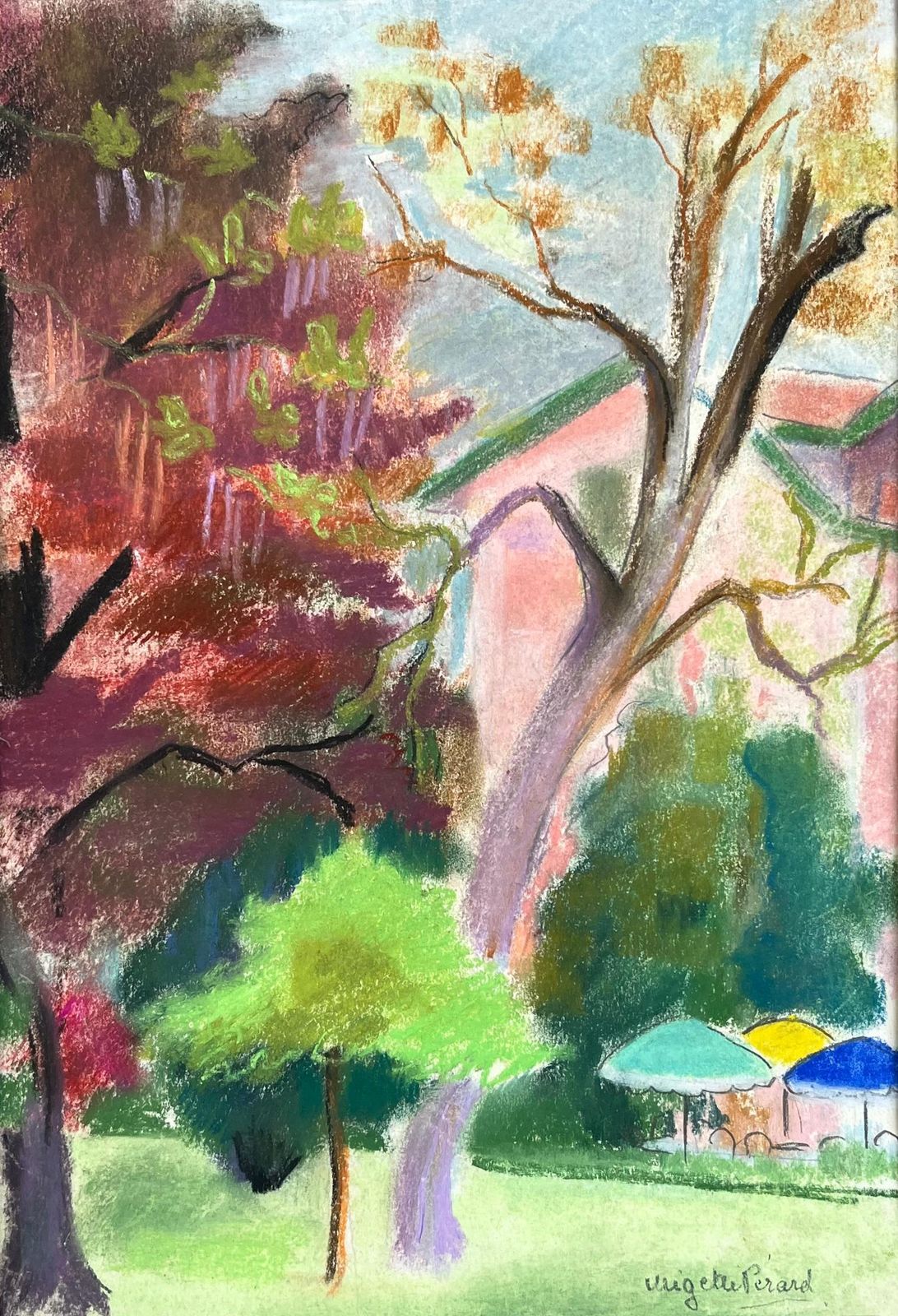 Anne Marie Migette Perardmid Century French Pastel Of Colourful Garden Trees With Parasol And Villa
