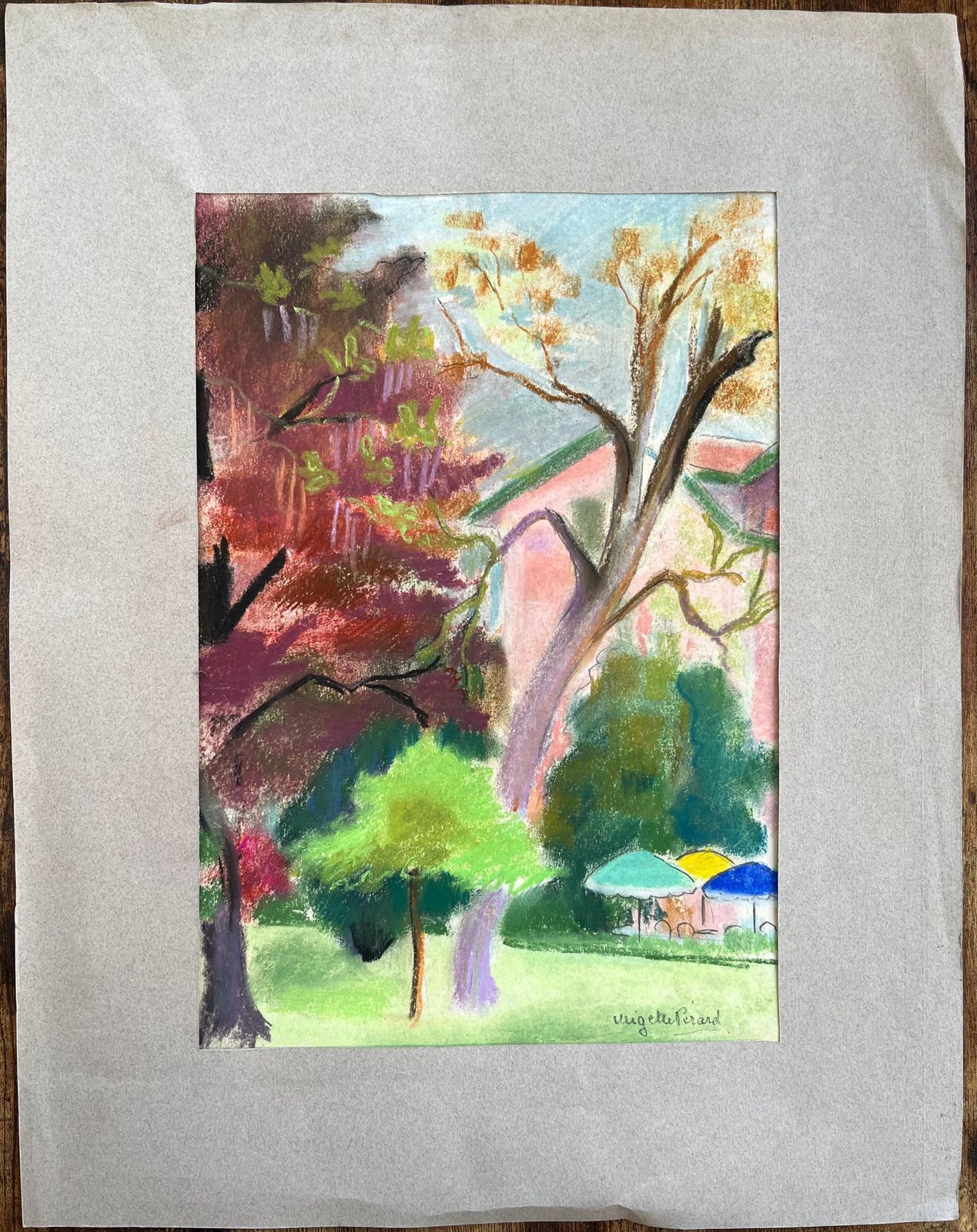 Anne Marie Migette Perardmid Century French Pastel Of Colourful Garden Trees With Parasol And Villa photo for sale