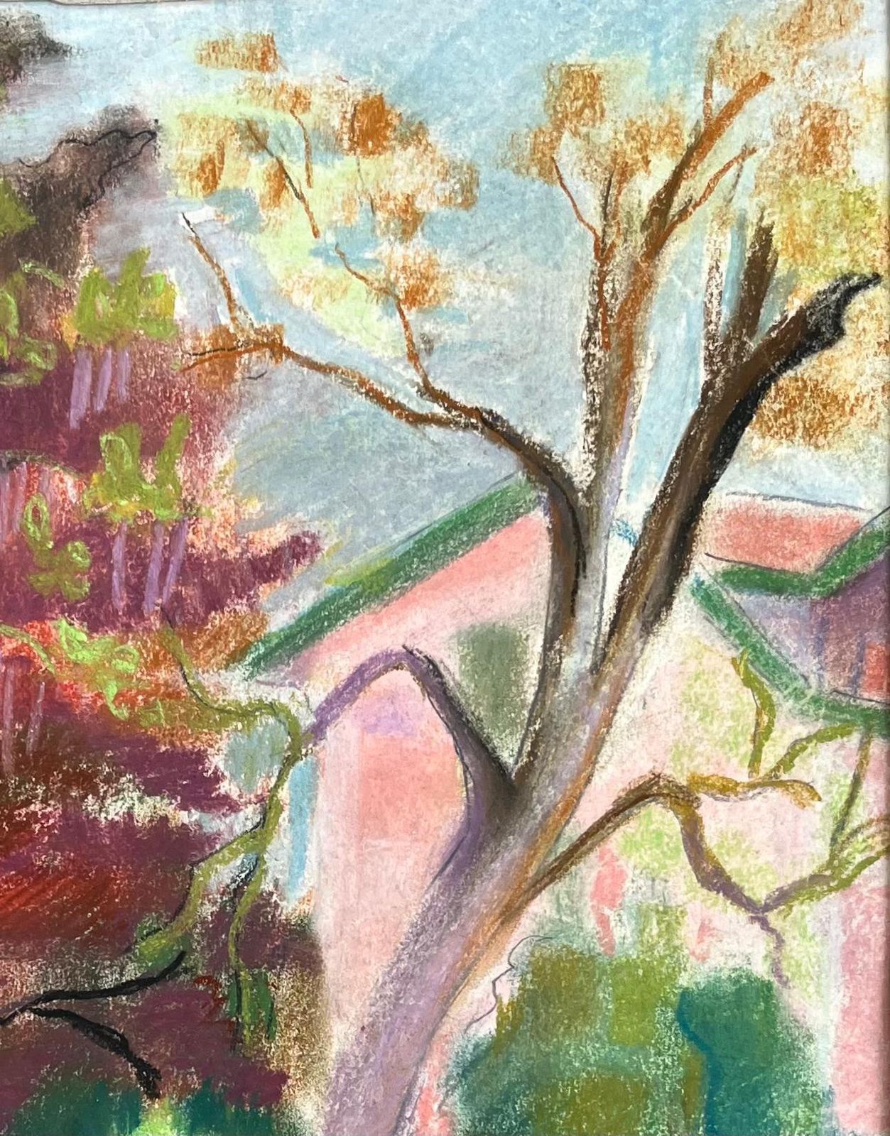 Anne Marie Migette Perardmid Century French Pastel Of Colourful Garden Trees With Parasol And Villa photo 560.0