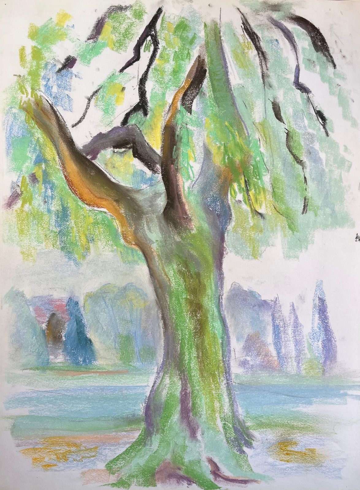 Anne Marie Migette Perardmid Century French Pastel Of A Willow Tree In A Lush Park Setting