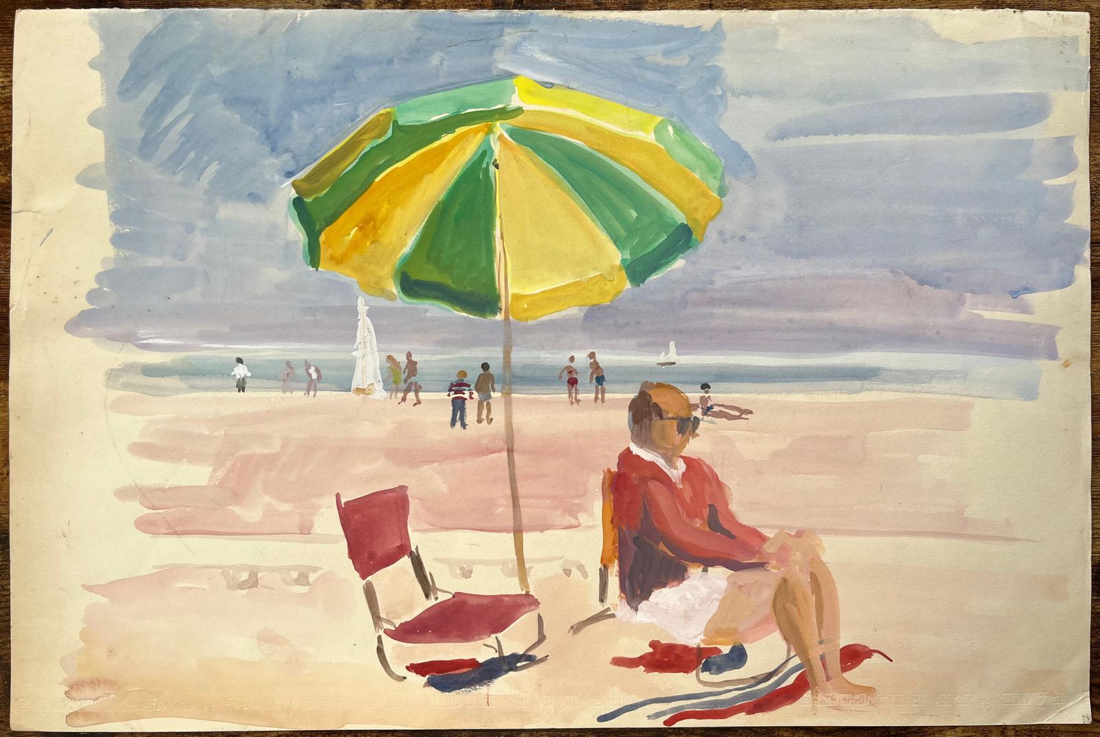 Anne Marie Migette Perardmid Century French Watercolour Beach Scene With Green Umbrella And Seated Figure photo furniture