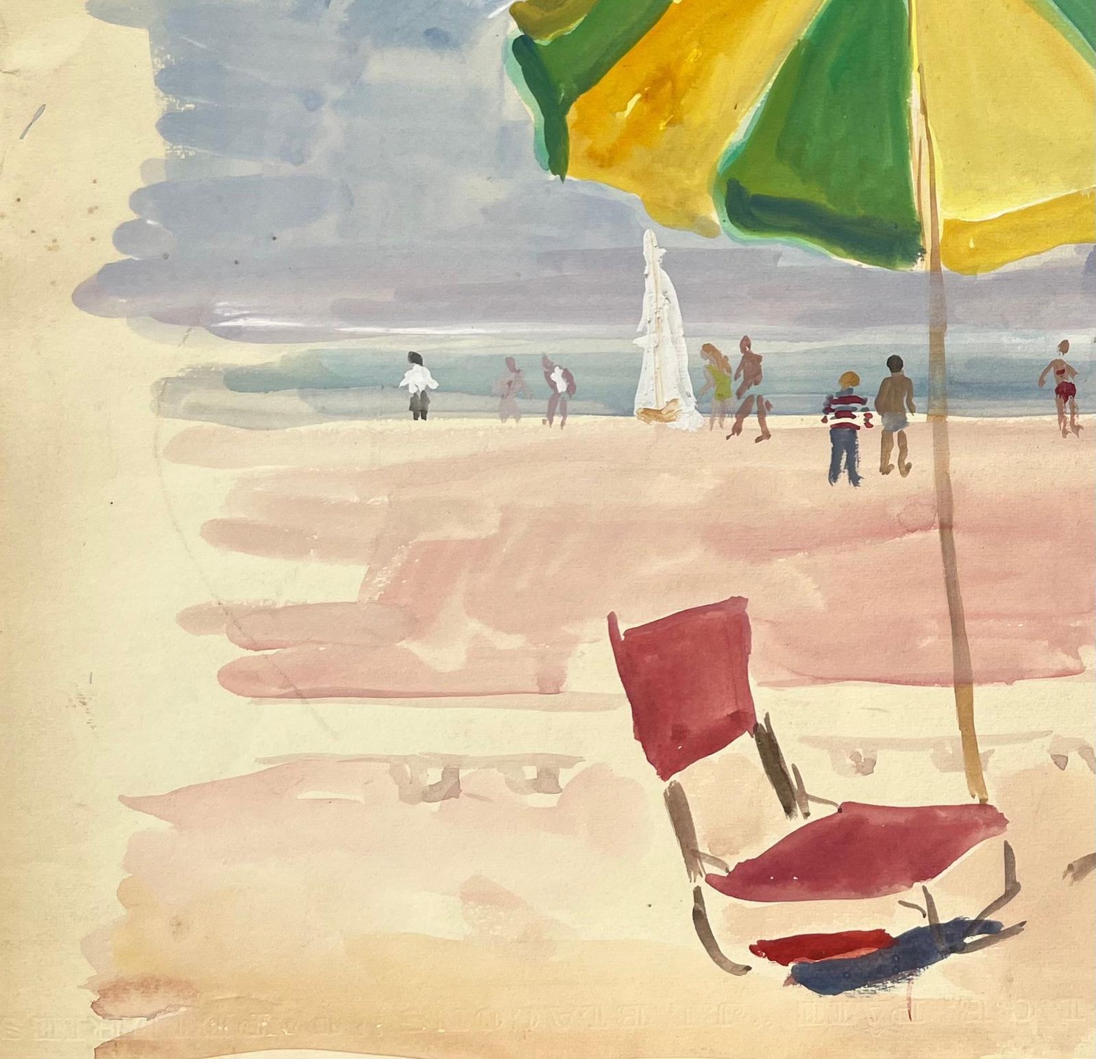 Anne Marie Migette Perardmid Century French Watercolour Beach Scene With Green Umbrella And Seated Figure photo vinterior