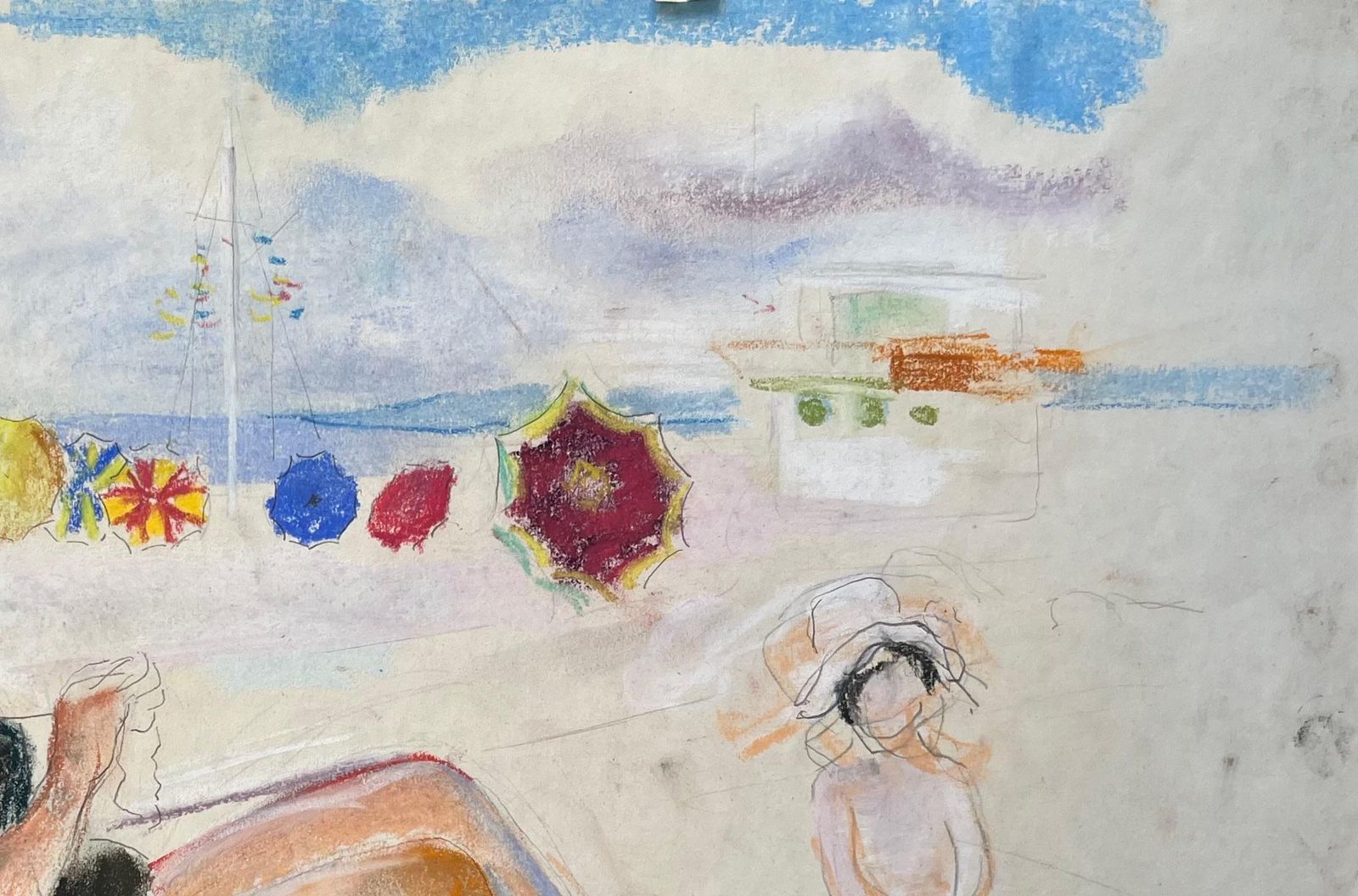 Anne Marie Migette Perardmid Century French Pastel Beach Scene With Seated Woman Knitting And Parasols photo 561.0