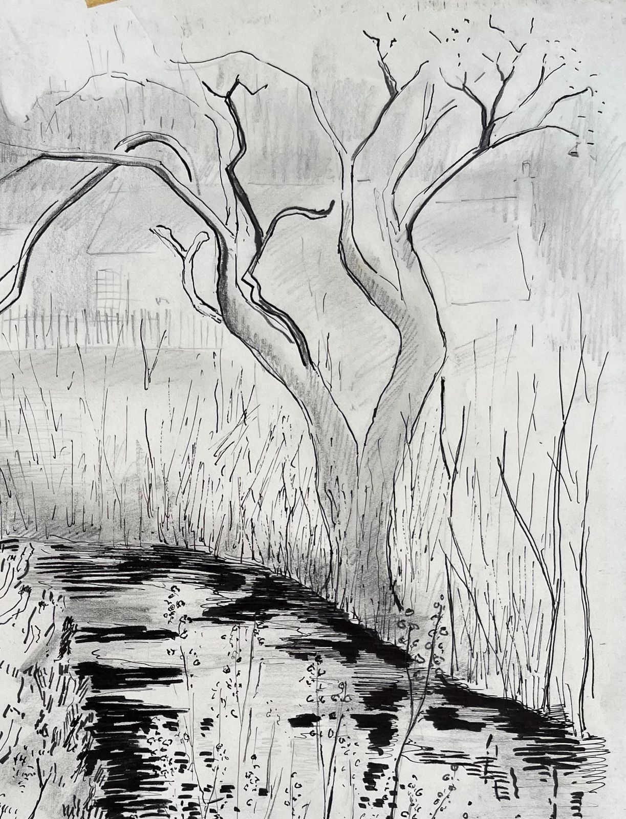 Anne Marie Migette Perardmid 20th Century French Ink Drawing Of Trees And Stream With Cottage photo Art