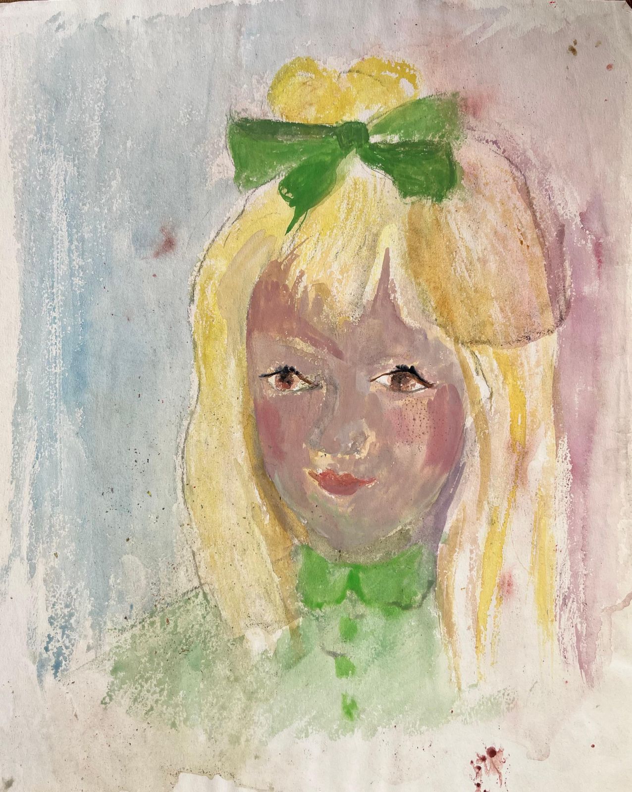 Anne Marie Migette Perardmid Century French Watercolour Portrait Of Blonde Girl With Green Bow And Dress