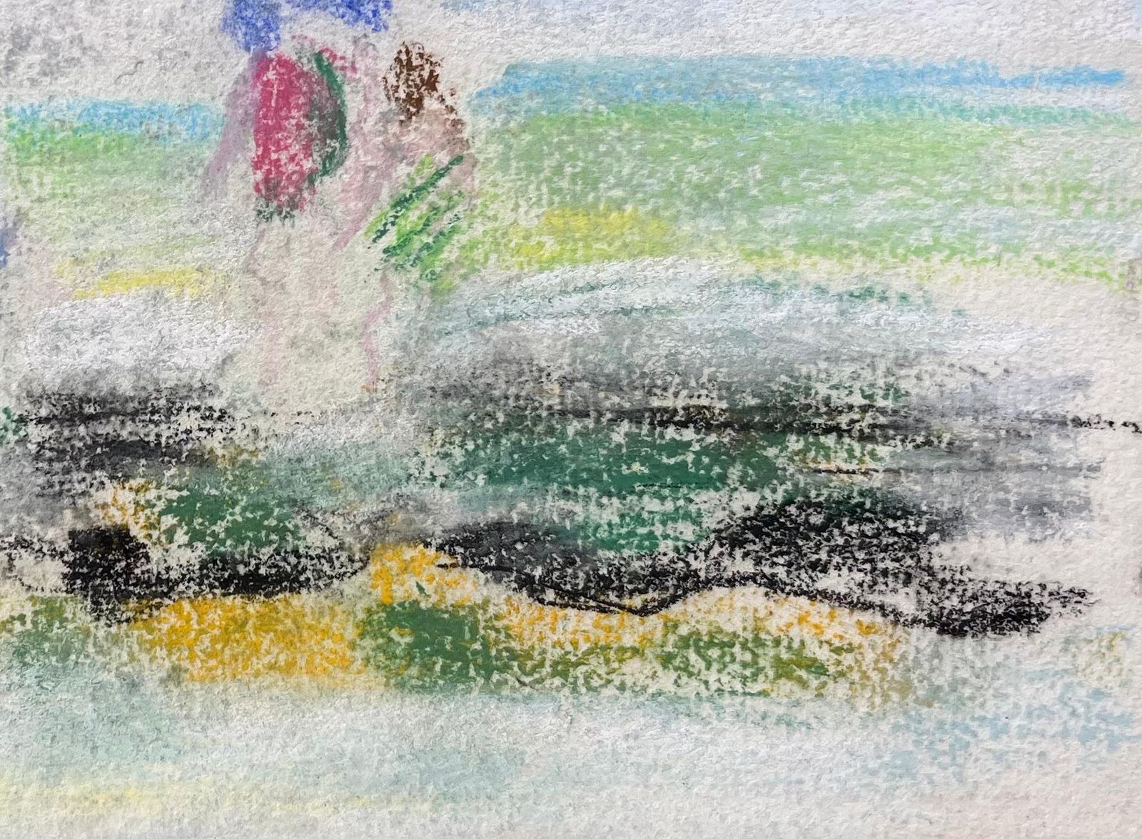 Anne Marie Migette Perardmid Century French Pastel Coastal Scene With Children Playing And Orange Rowboat photo Art