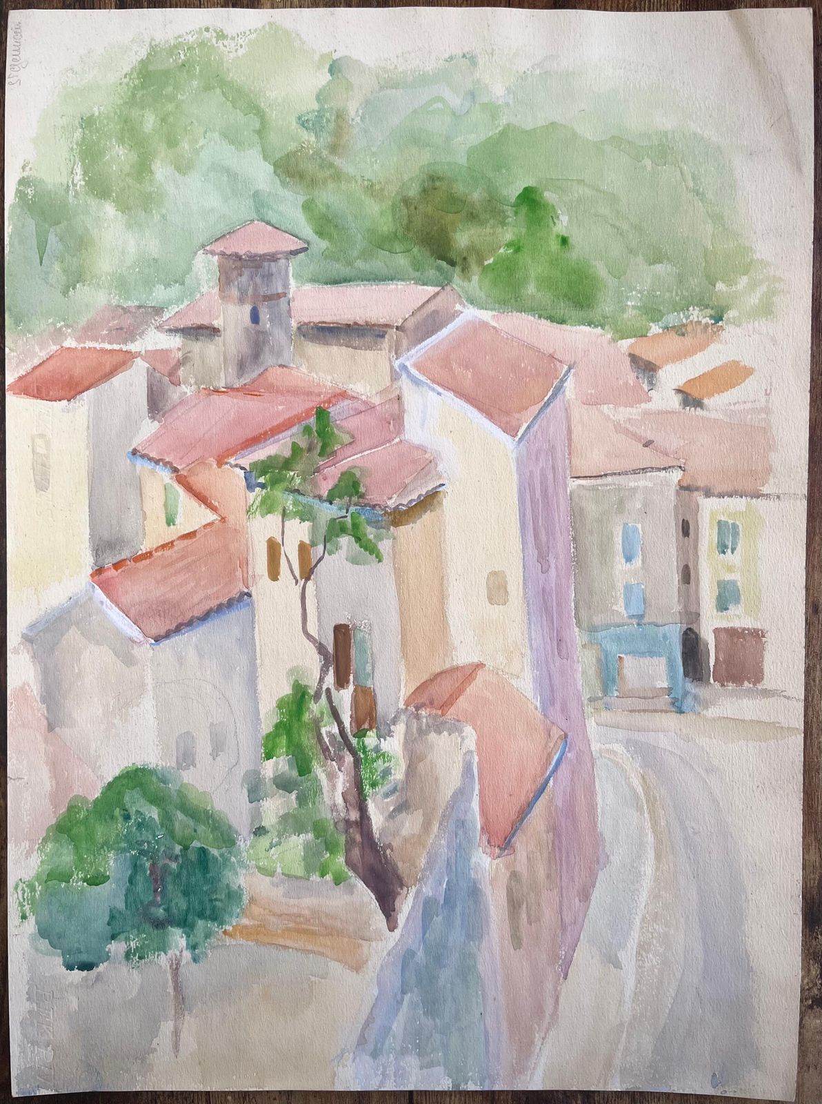 Anne Marie Migette Perardmid 20th Century Watercolour Of Rooftops And Stone Streets In Goudargues France photo furniture
