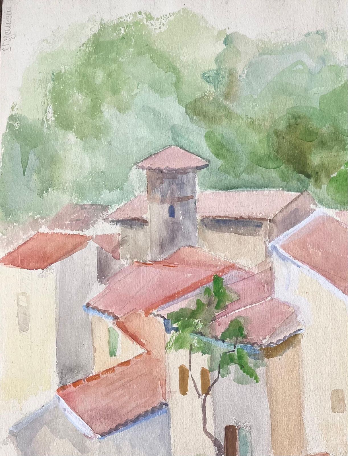 Anne Marie Migette Perardmid 20th Century Watercolour Of Rooftops And Stone Streets In Goudargues France photo for sale