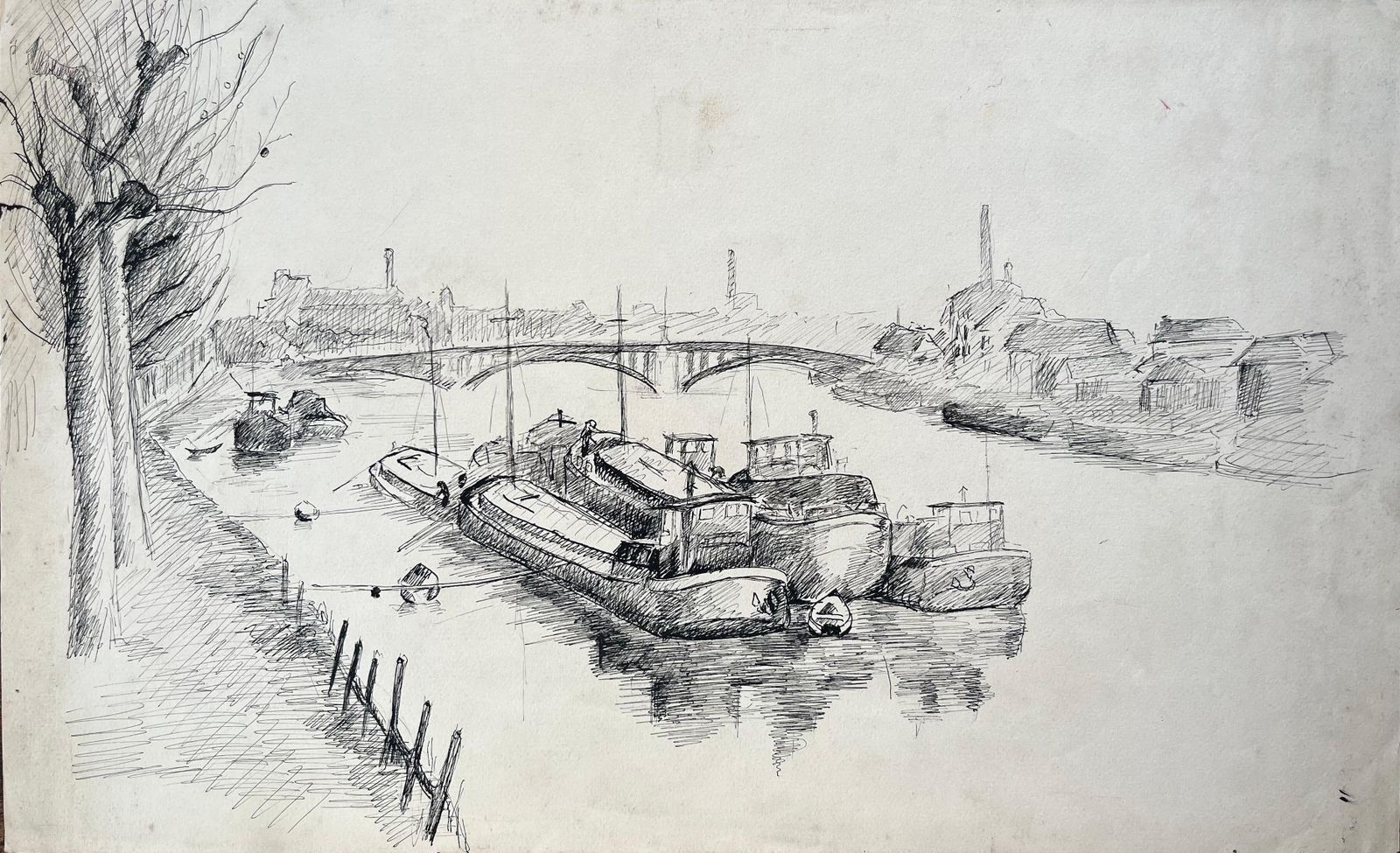 Anne Marie Migette Perardmid Century French Ink Drawing Of Barges Moored On River With Industrial Bridge