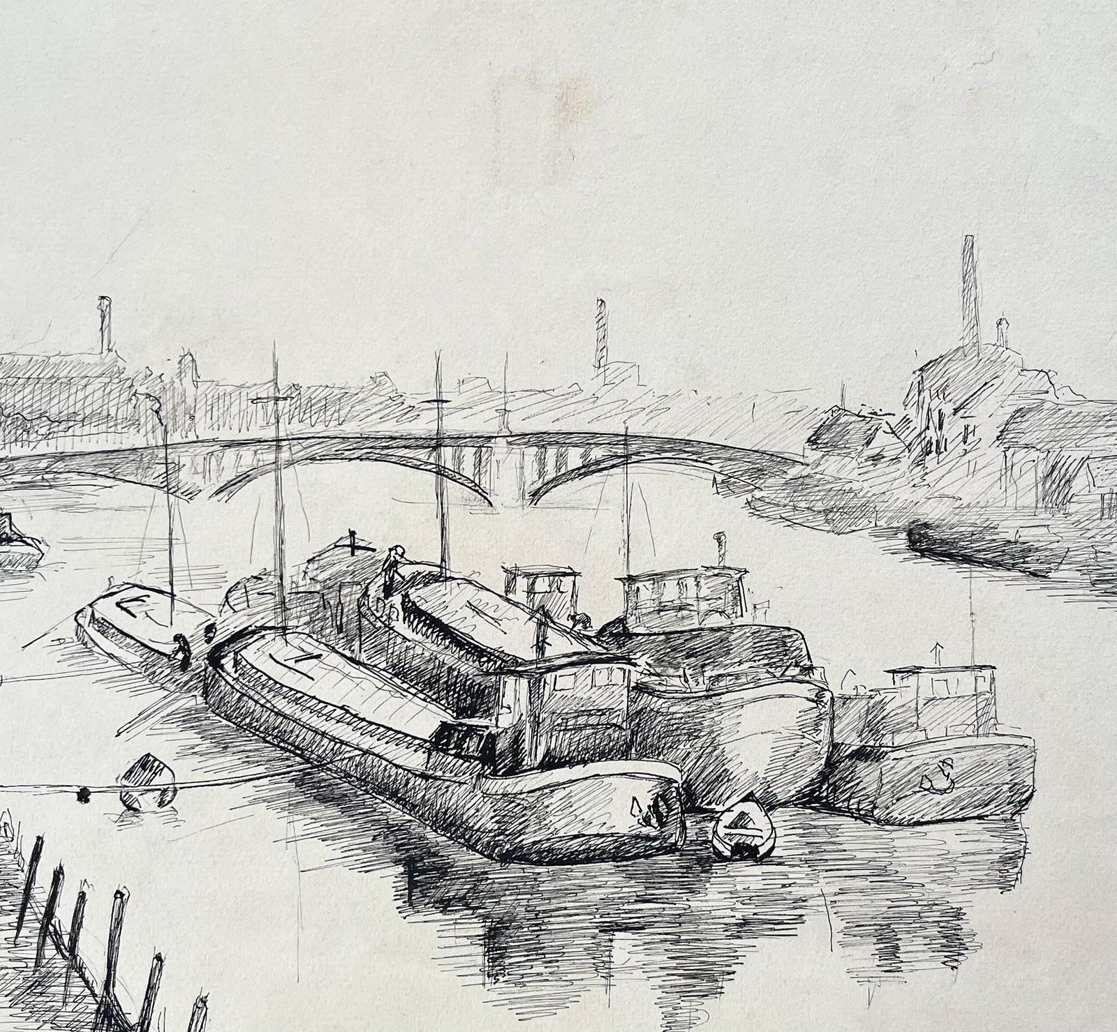 Anne Marie Migette Perardmid Century French Ink Drawing Of Barges Moored On River With Industrial Bridge photo buy
