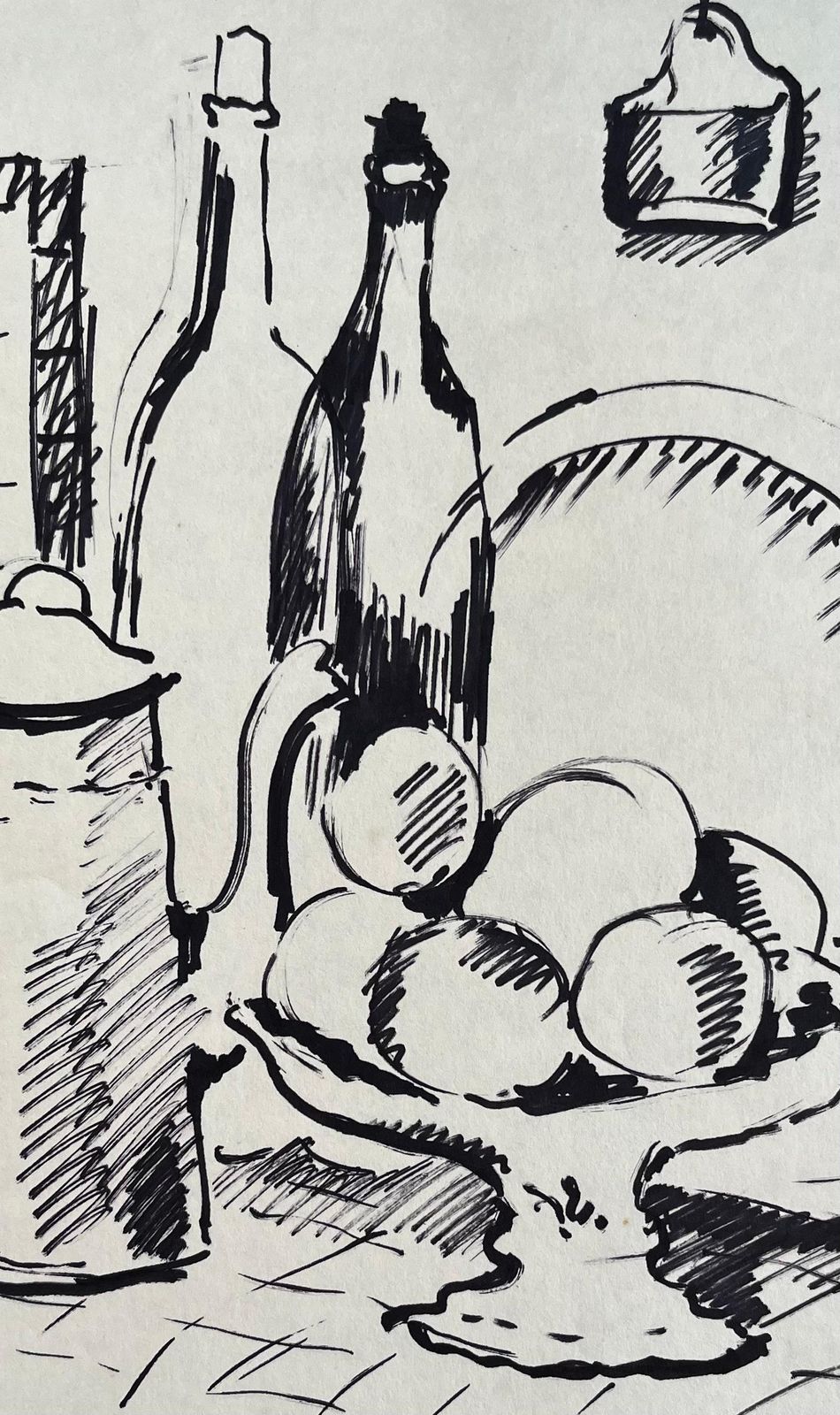 Anne Marie Migette Perardmid Century French Drawing Of Still Life With Fruit Bowl Coffee Pot And Bottles photo buy