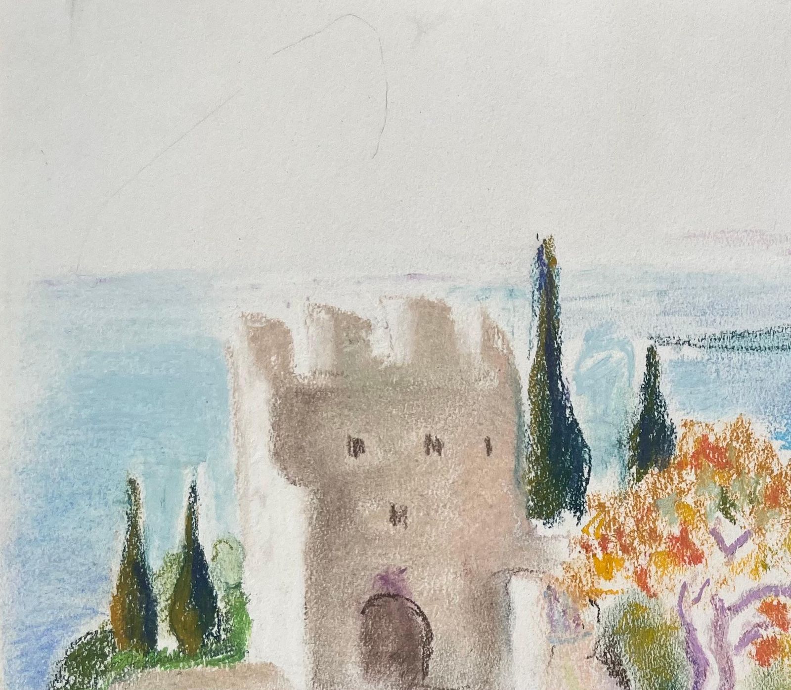 Anne Marie Migette Perardmid 20th Century Pastel Of Seaside Fortress And Mediterranean Coastline photo for sale