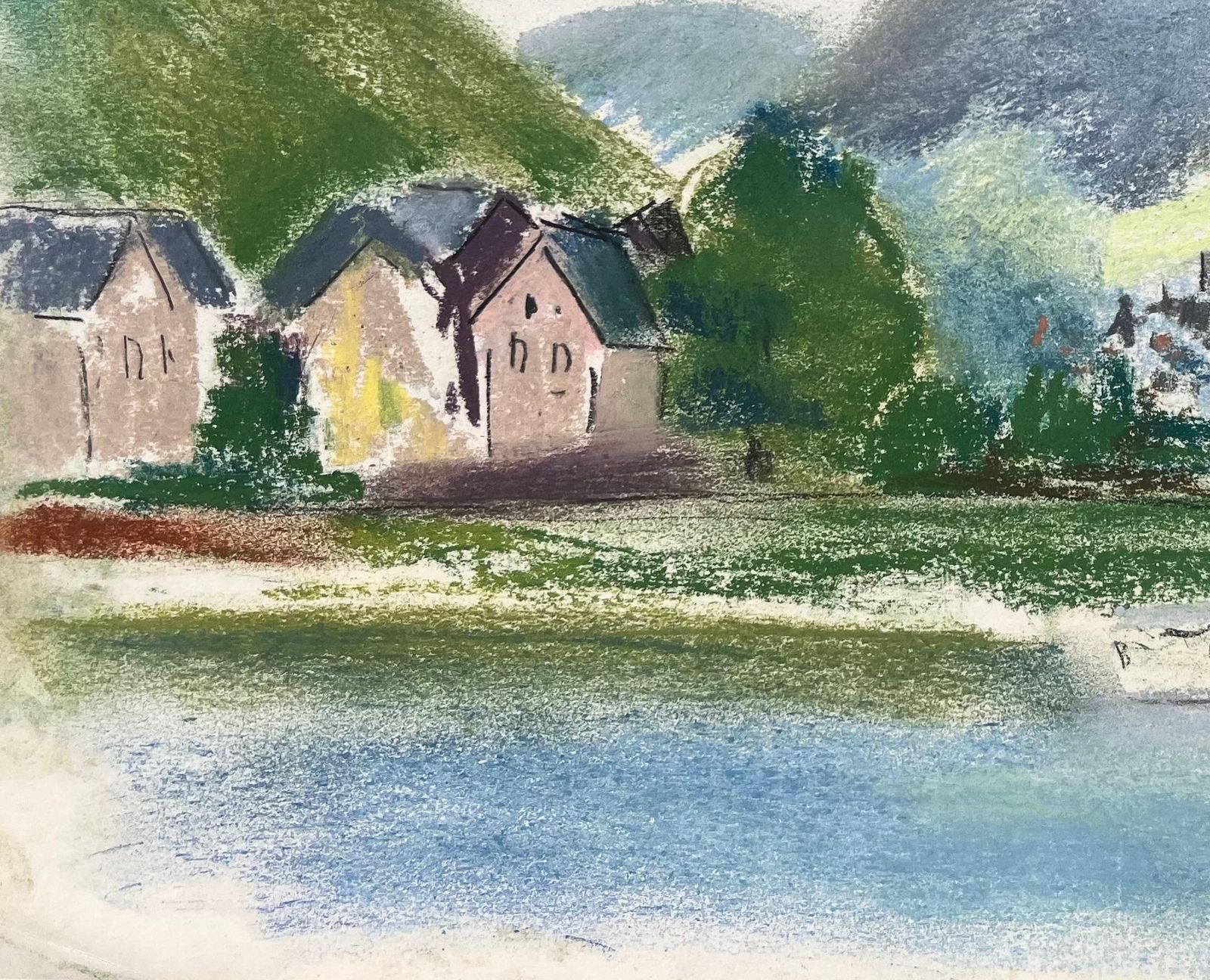 Anne Marie Migette Perardmid 20th Century Pastel Of Riverside Village And Boat In France photo for sale