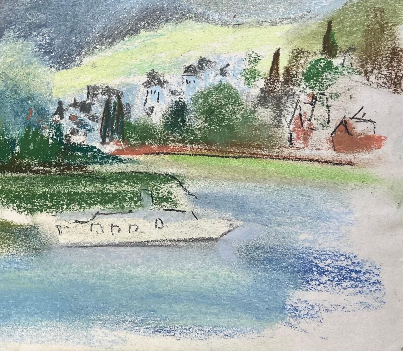 Anne Marie Migette Perardmid 20th Century Pastel Of Riverside Village And Boat In France photo Art