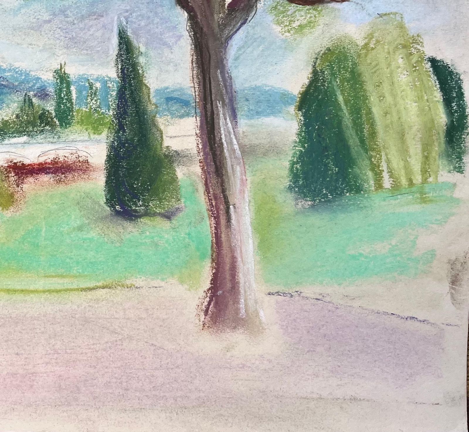 Anne Marie Migette Perardfrench Mid 20th Century Pastel Landscape Of Trees And Distant Hills photo 525.0
