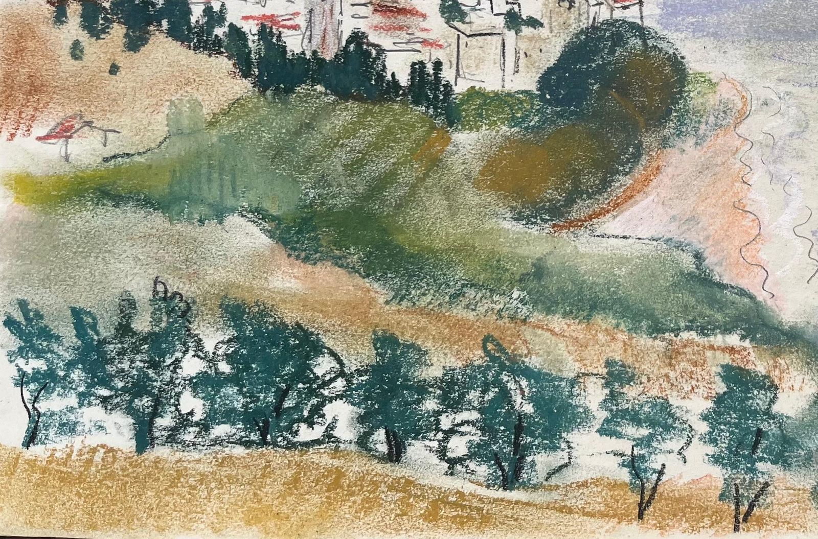 Anne Marie Migette Perardmid 20th Century Pastel Of Coastal Scene With Village And Clifftop Church photo for sale