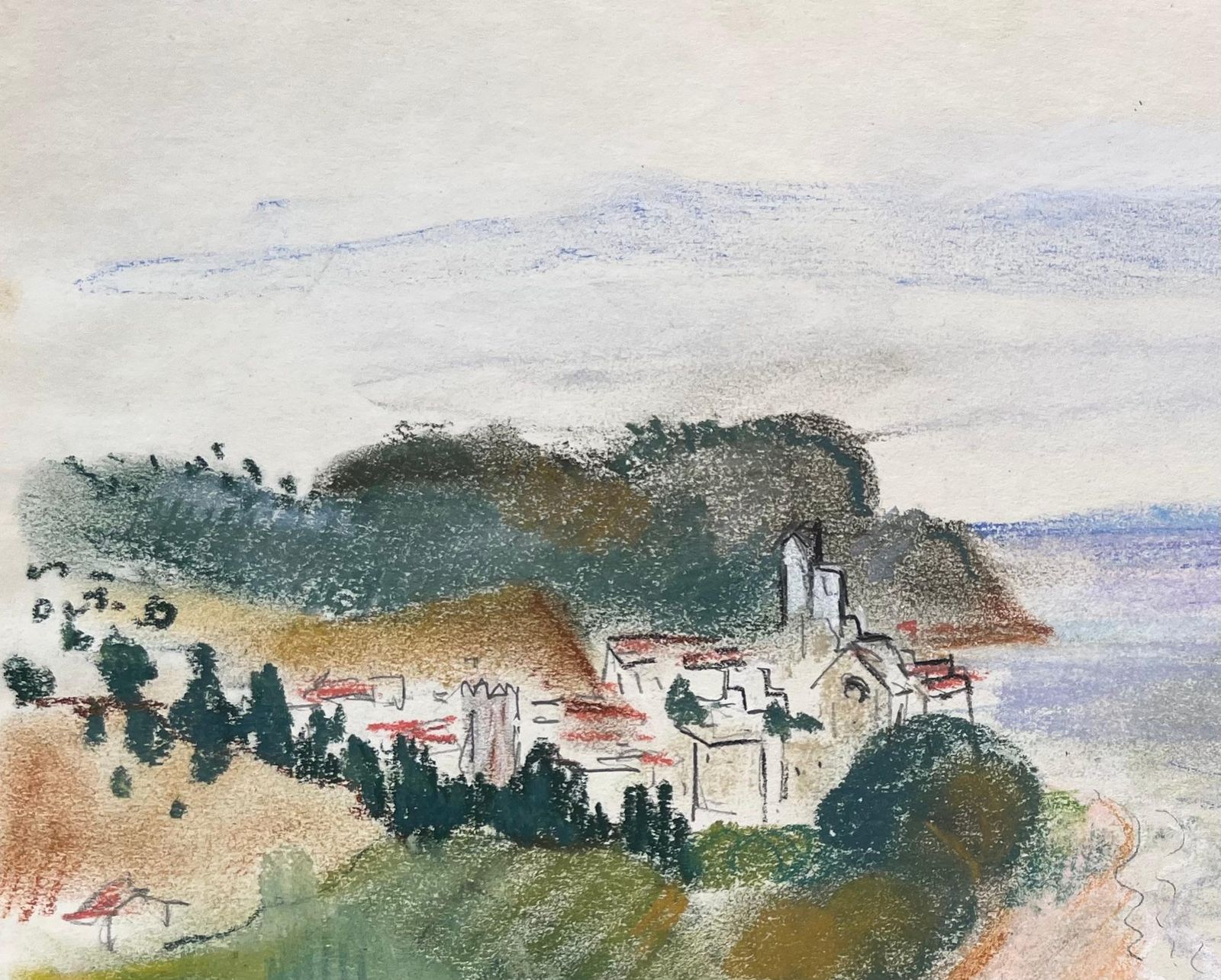 Anne Marie Migette Perardmid 20th Century Pastel Of Coastal Scene With Village And Clifftop Church photo Art