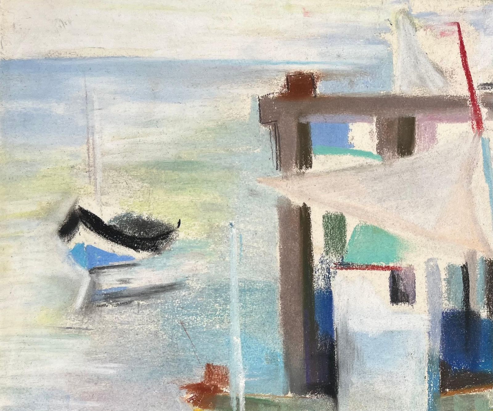 Anne Marie Migette Perardmid 20th Century French Pastel Harbour Scene With Boats And Pier And Figures photo 637.0