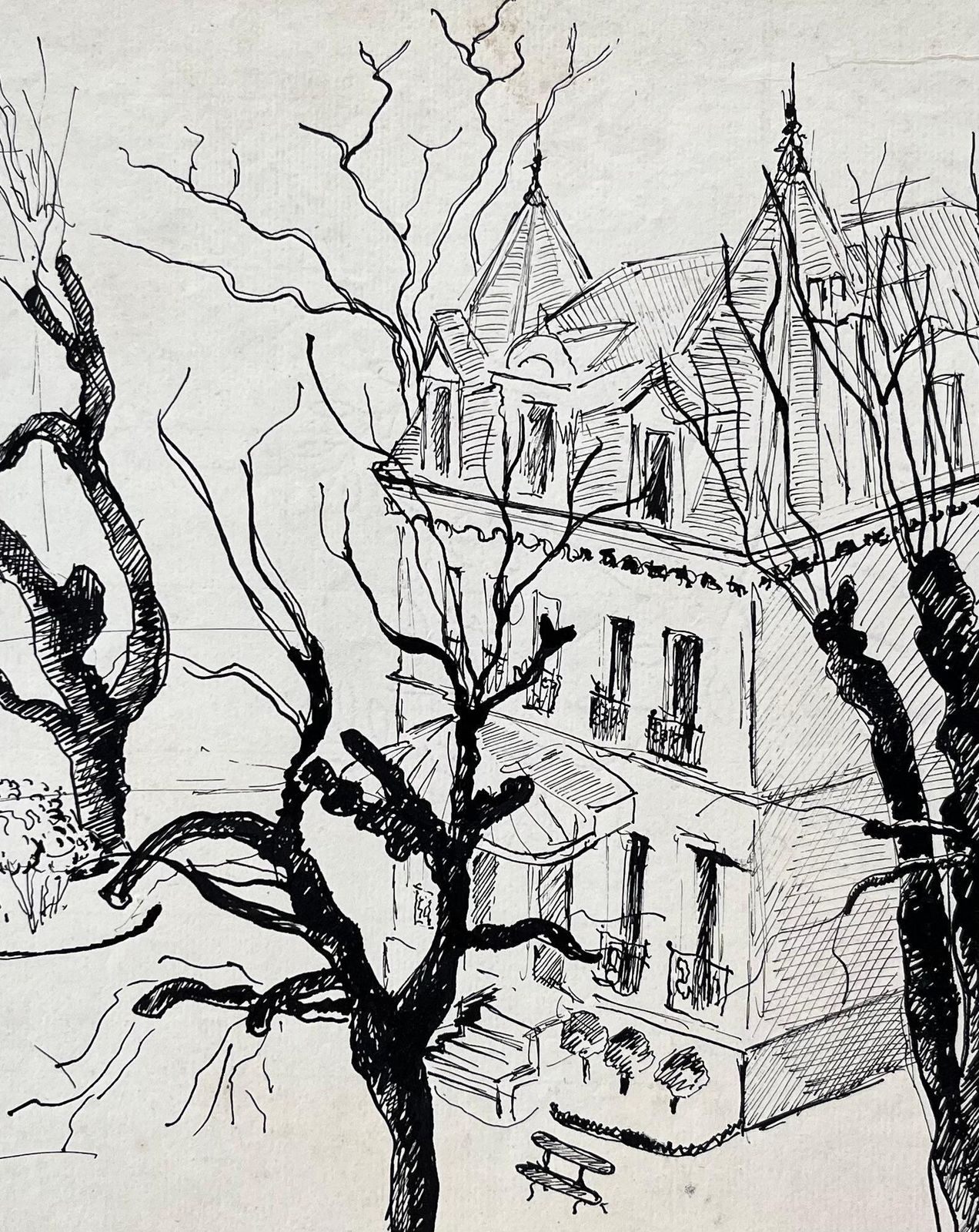 Anne Marie Migette Perardmid Century French Ink Drawing Of Mansion In Enghien France With Winter Trees photo buy
