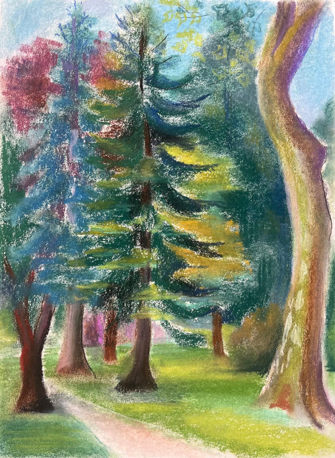 Anne Marie Migette Perardmid Century French Pastel Of Pine Trees In Dappled Forest Light